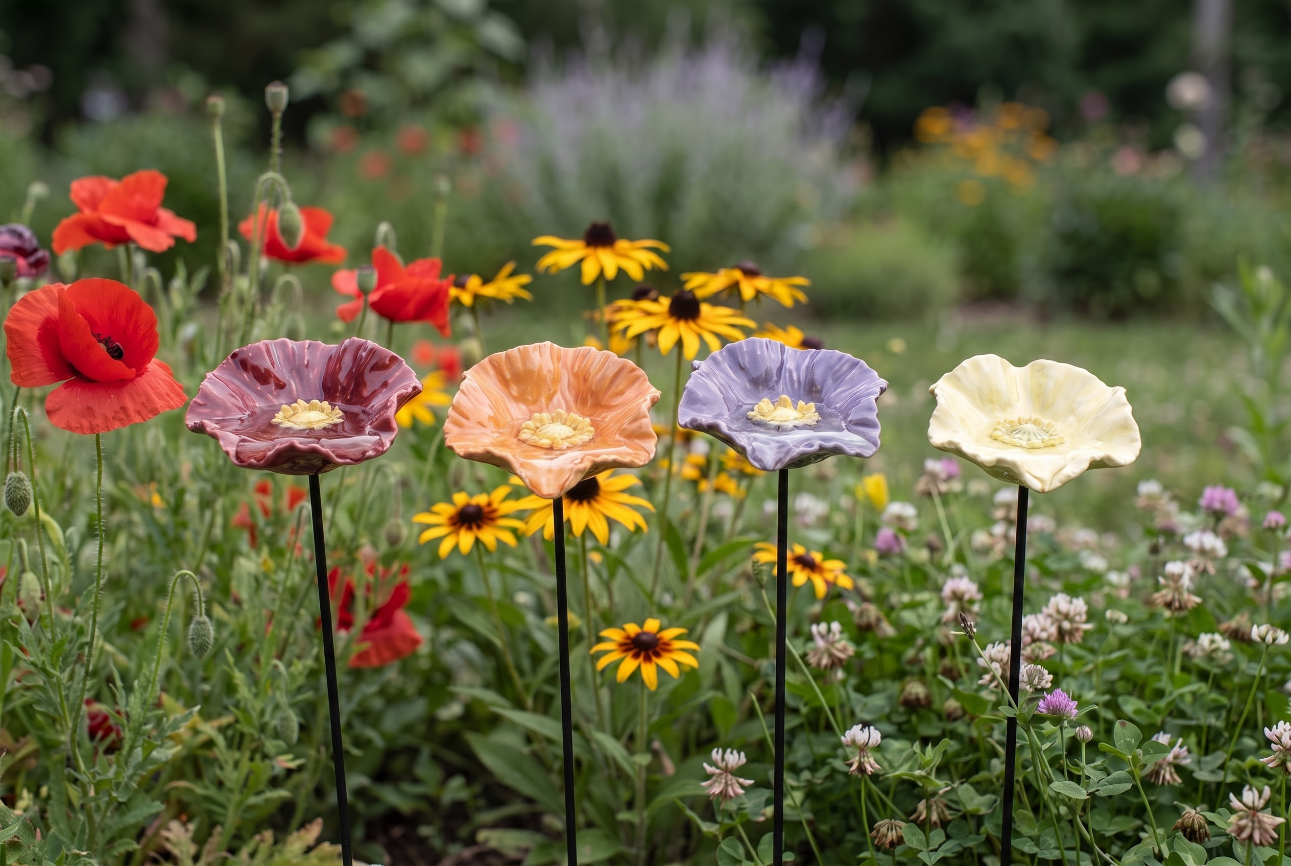 Keramiske valmueskåler blant ekte blomster, med vann i skålene