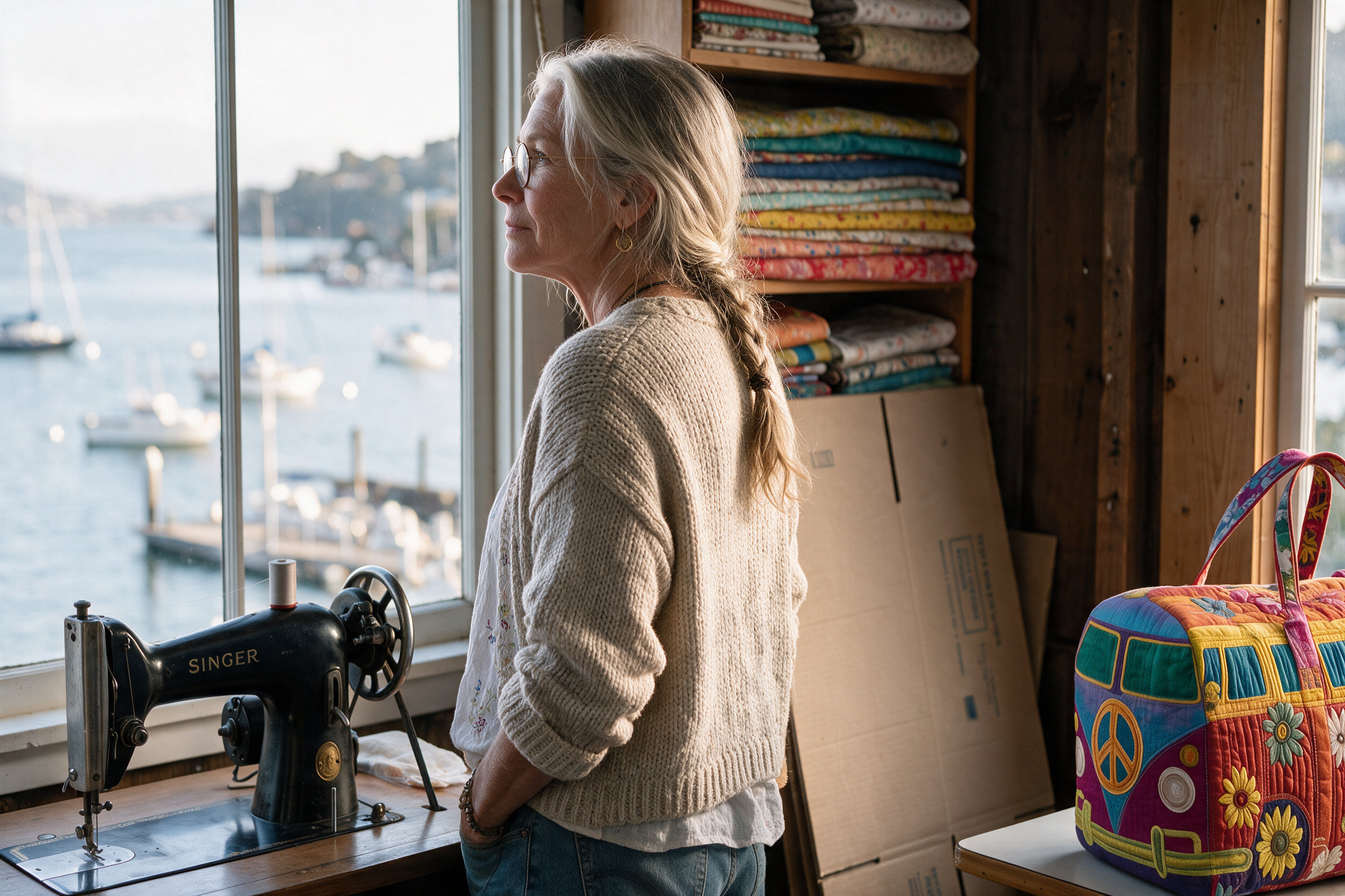 Marit Lindgren vid fönstret i verkstaden