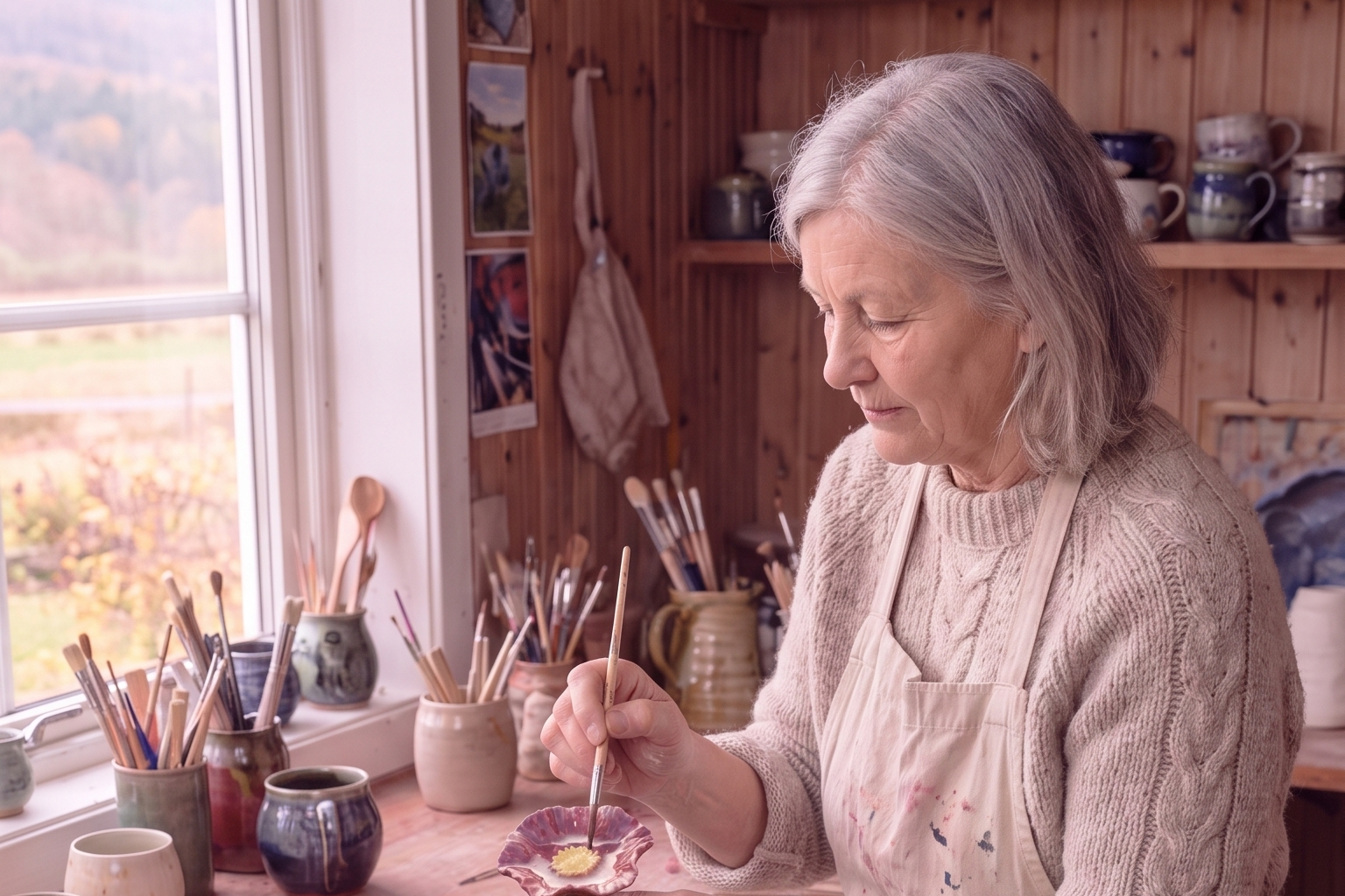 Dot Haugen maler en keramisk valmueskål i verkstedet sitt