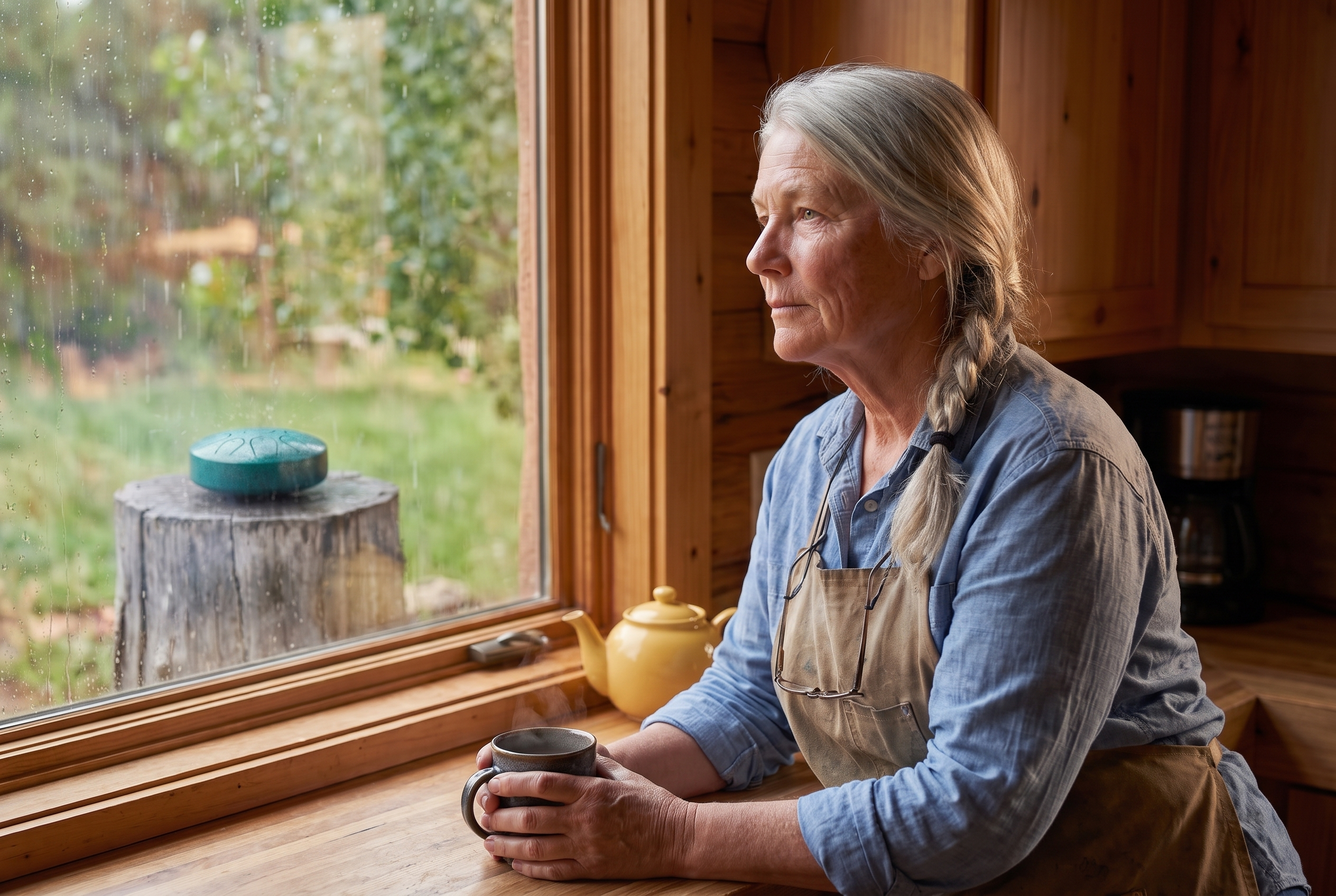 Margit ved kjøkkenvinduet i sin hytte i Valle med en kopp te, mens hun ser på at regnet spiller på trommen hennes på trestubben utenfor