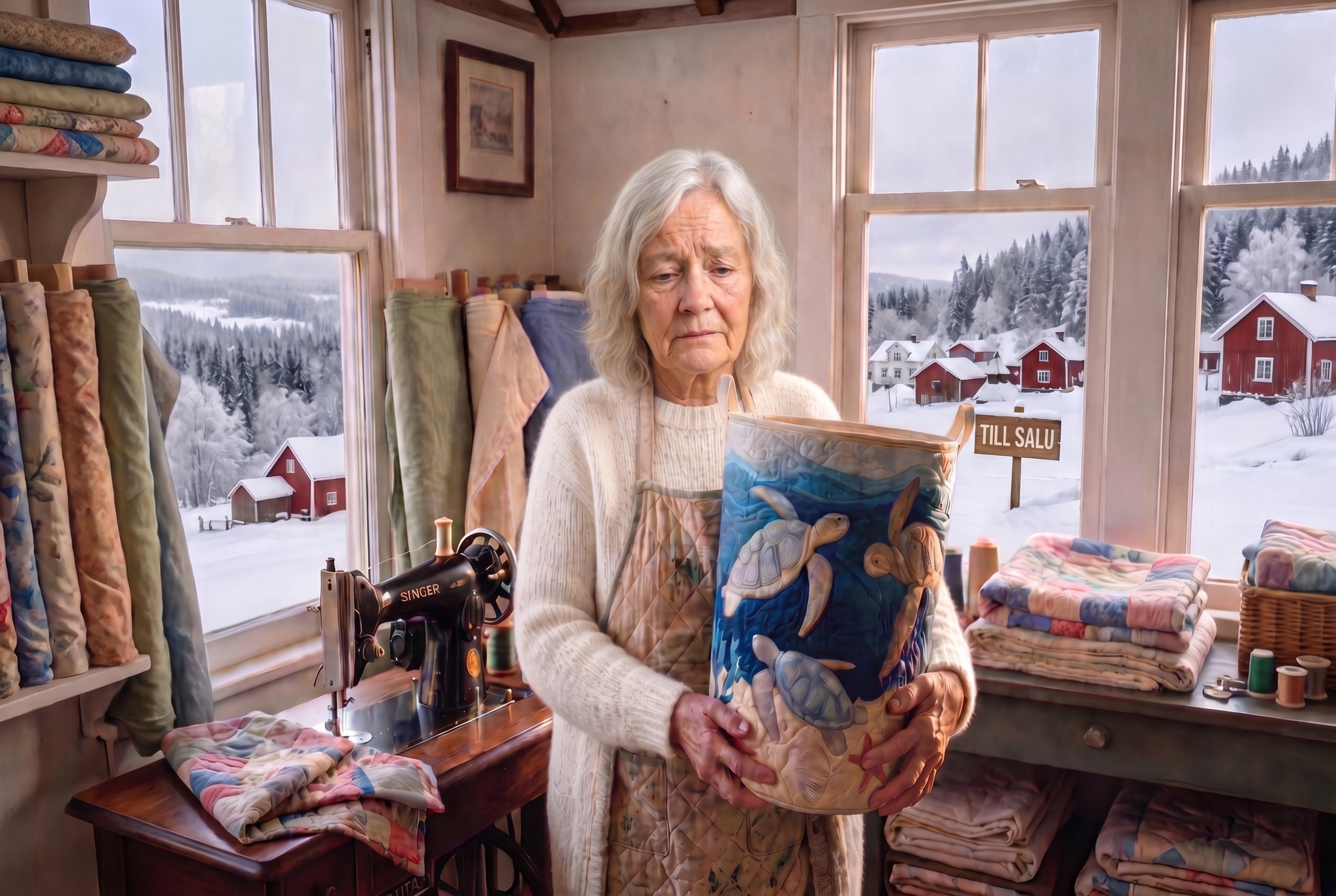 Nora Lindgren (71) i sin verkstad, med ett vemodigt uttryck, håller en av sina quiltade korgar, med en 'TILL SALU'-skylt synlig genom fönstret i det svenska vinterlandskapet