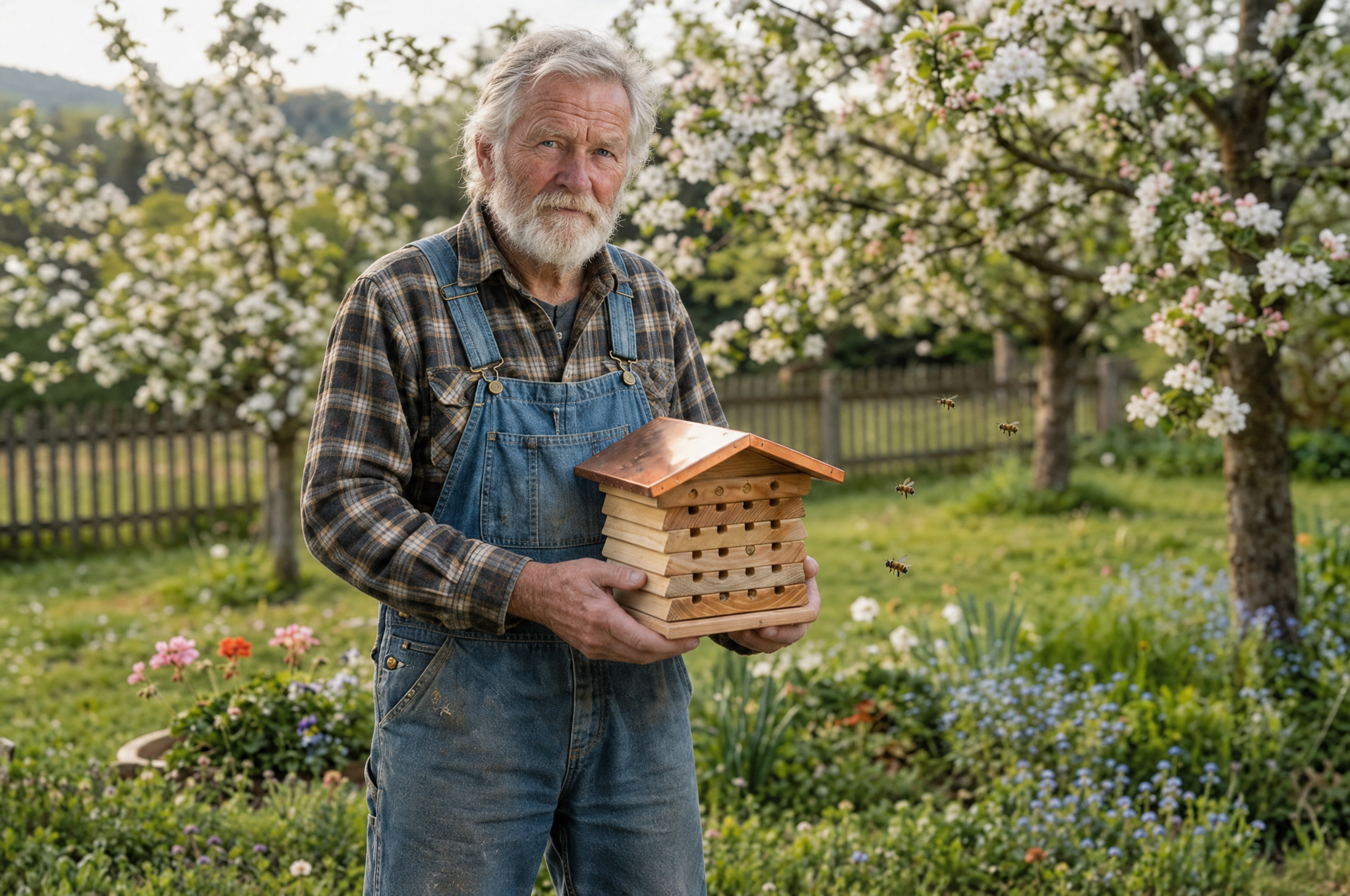 Jørgen Skov holder et Blomstervagten-bihotel i sin have, æbletræer i blomst i baggrunden
