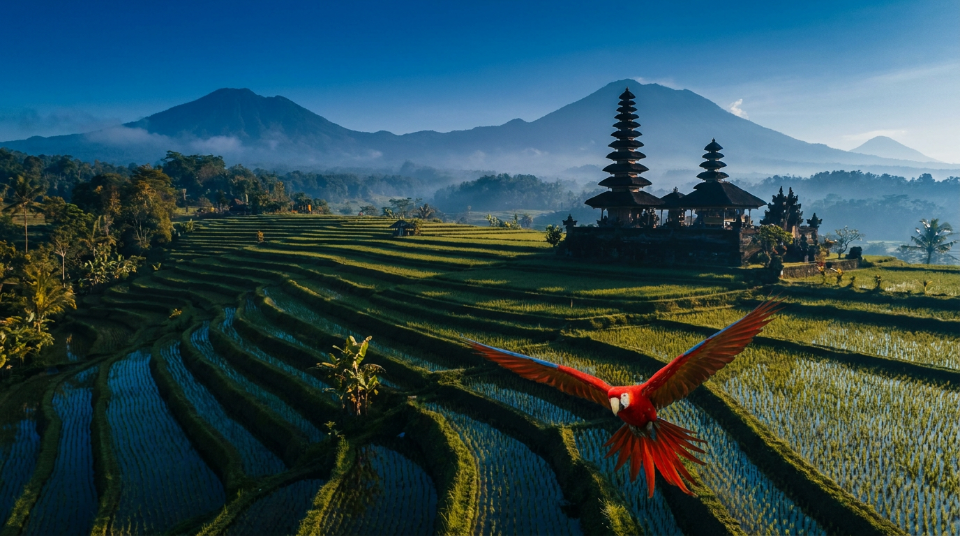 Reisterrassen auf Bali mit rotem Ara