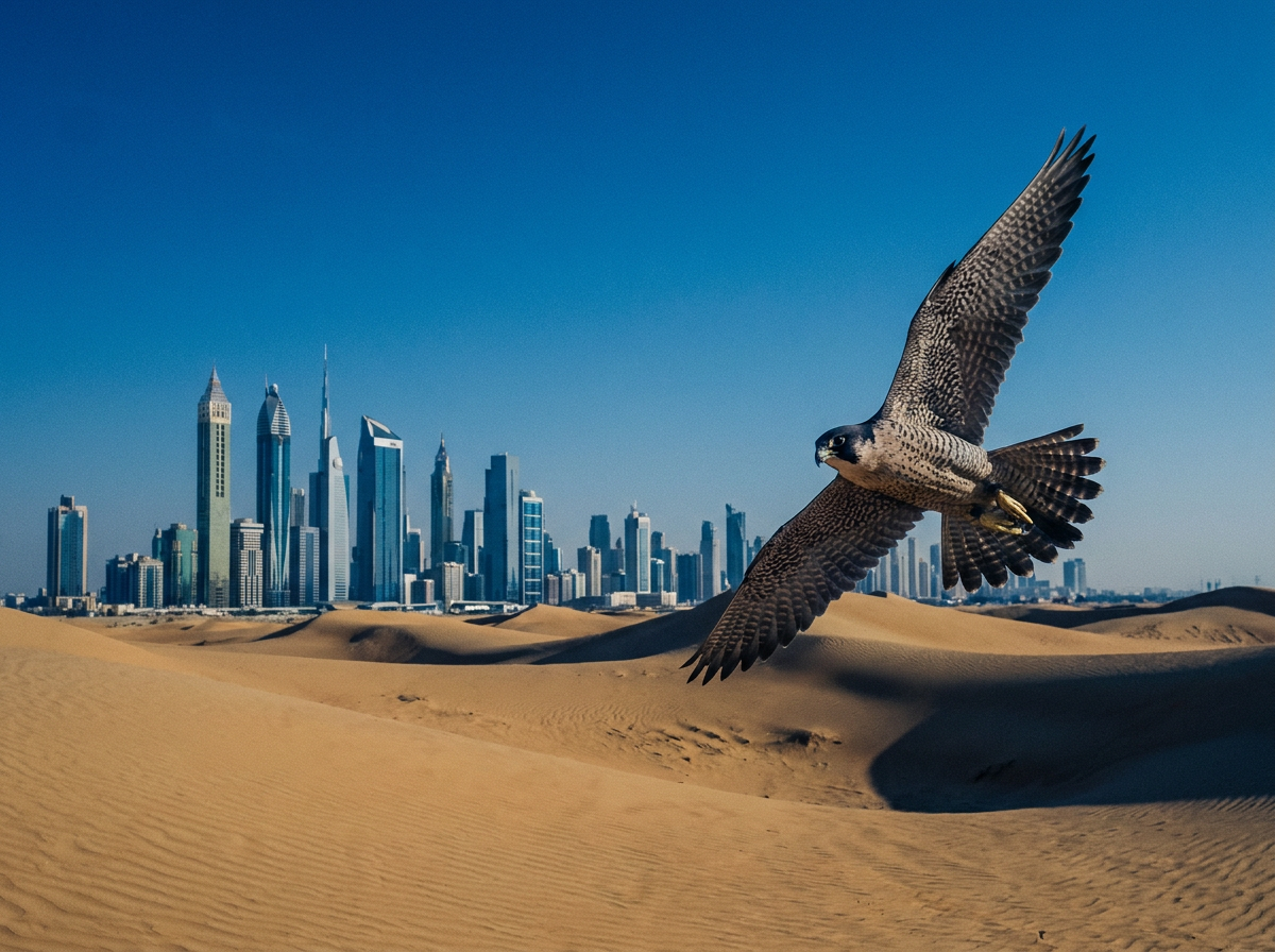 Wüstendünen und Skyline in den Arabischen Emiraten mit Wanderfalke