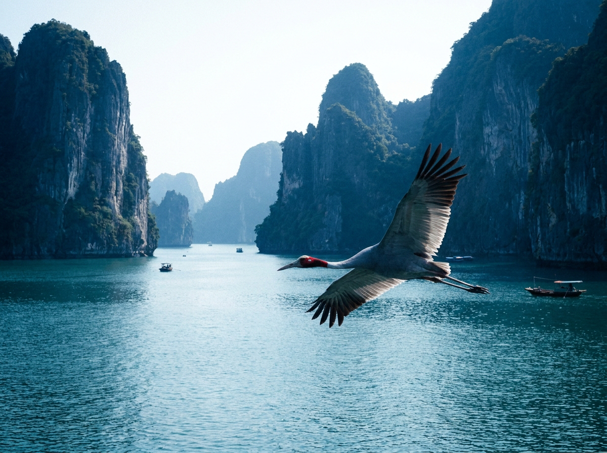 Kalksteinfelsen in Vietnam mit Sarus-Kranich