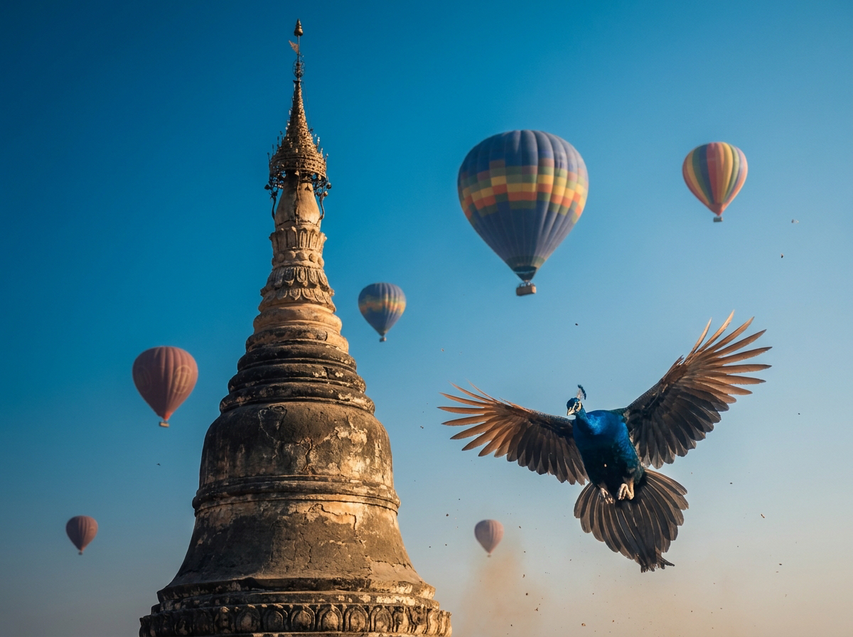 Tempel und Heißluftballons in Myanmar mit blauem Pfau