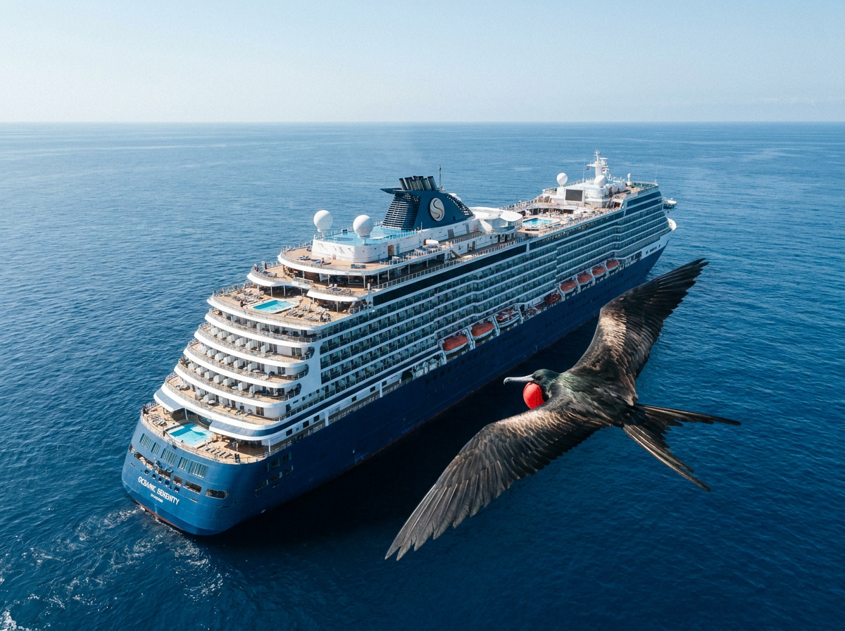 Kreuzfahrtschiff auf offener See mit Fregattvogel