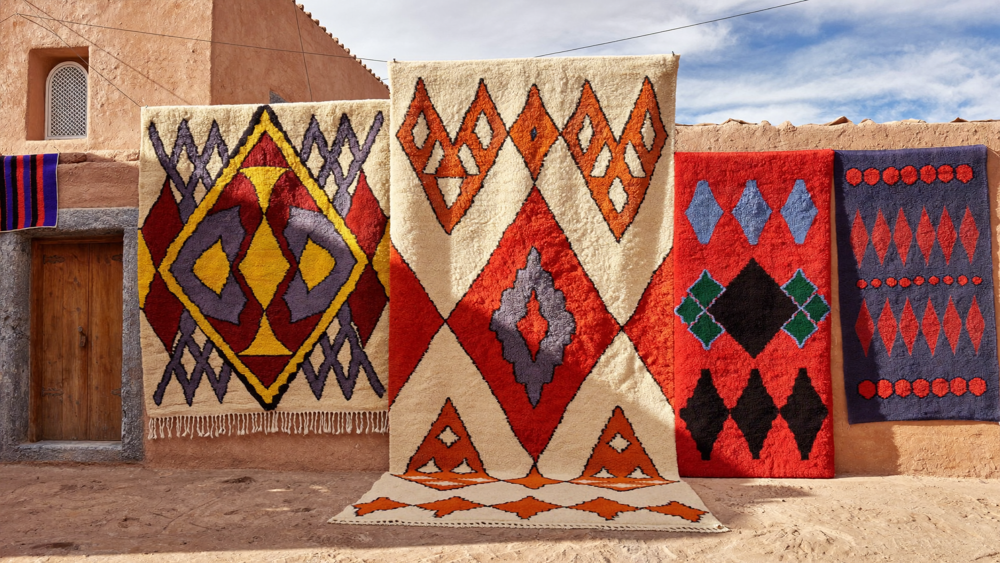 Tapis Azilal aux murs d'un village berbère