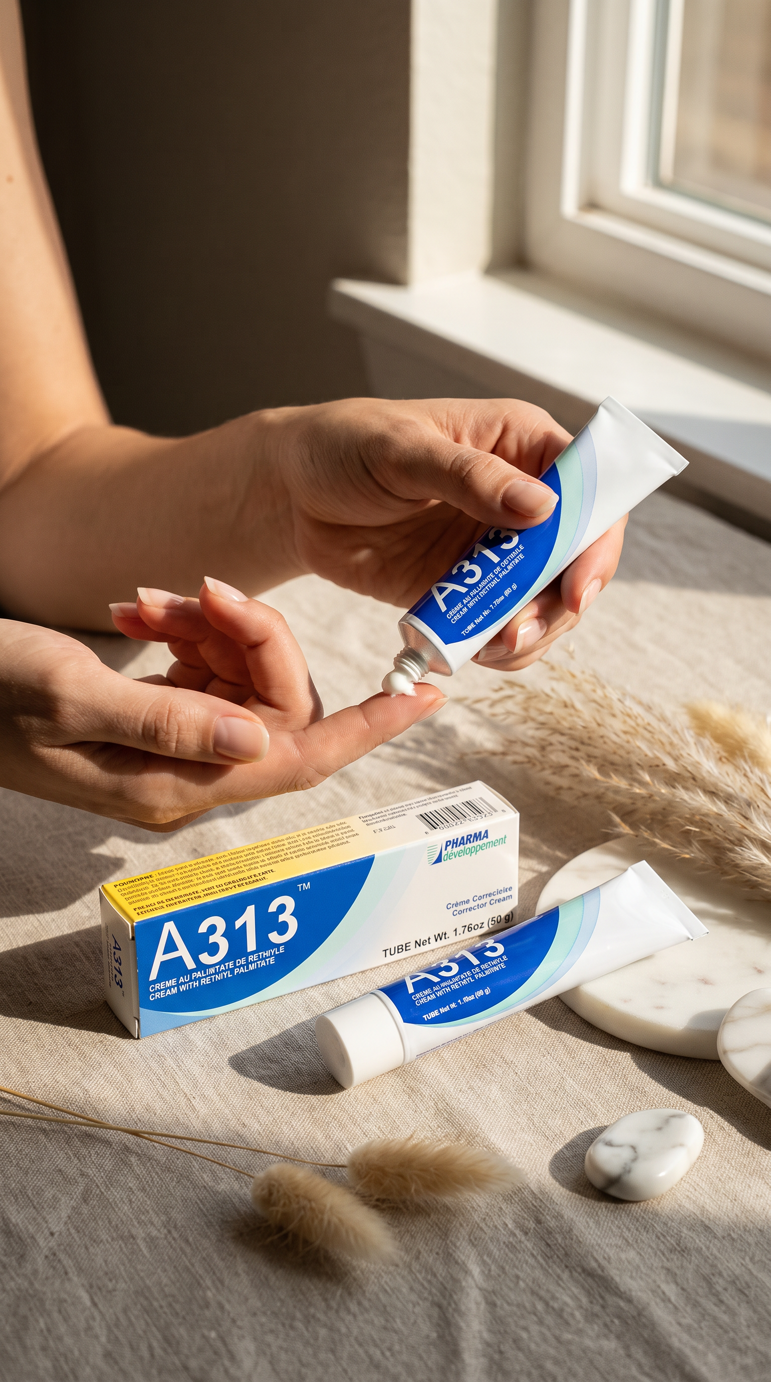 Hands applying a thin layer of A313 cream