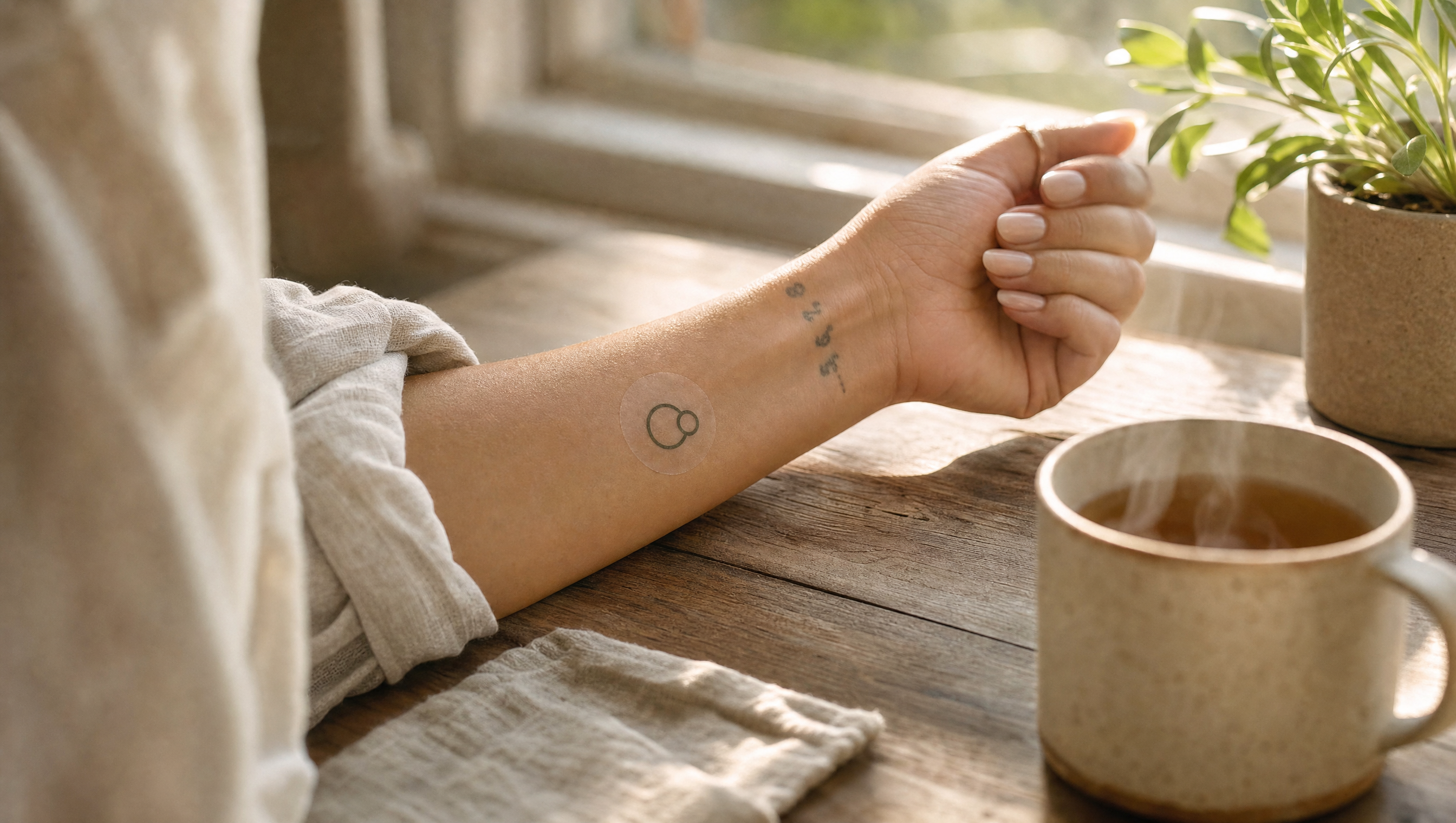 A hand resting on a sunlit table, wearing a La-Patche patch, beside a warm cup of tea