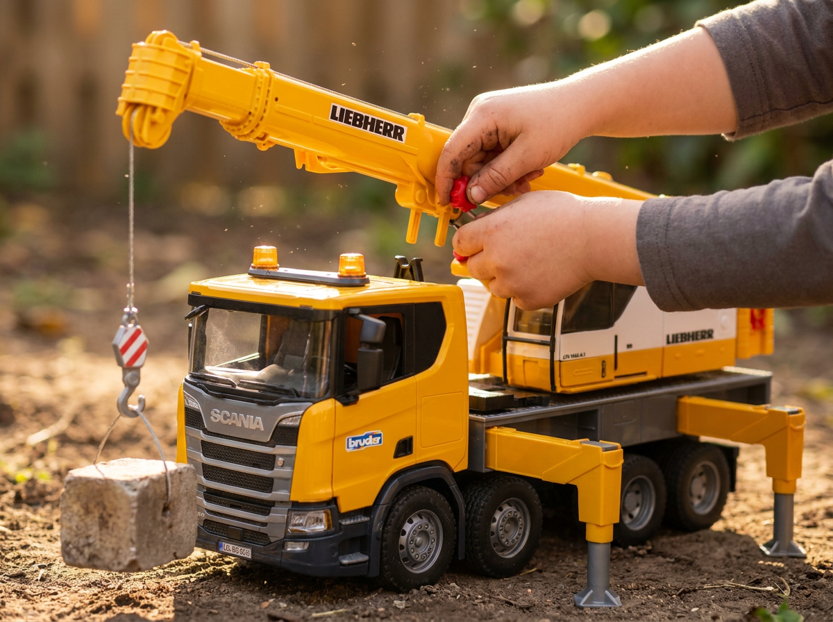 Mao de crianca operando a manivela do guincho do guindaste Scania Liebherr