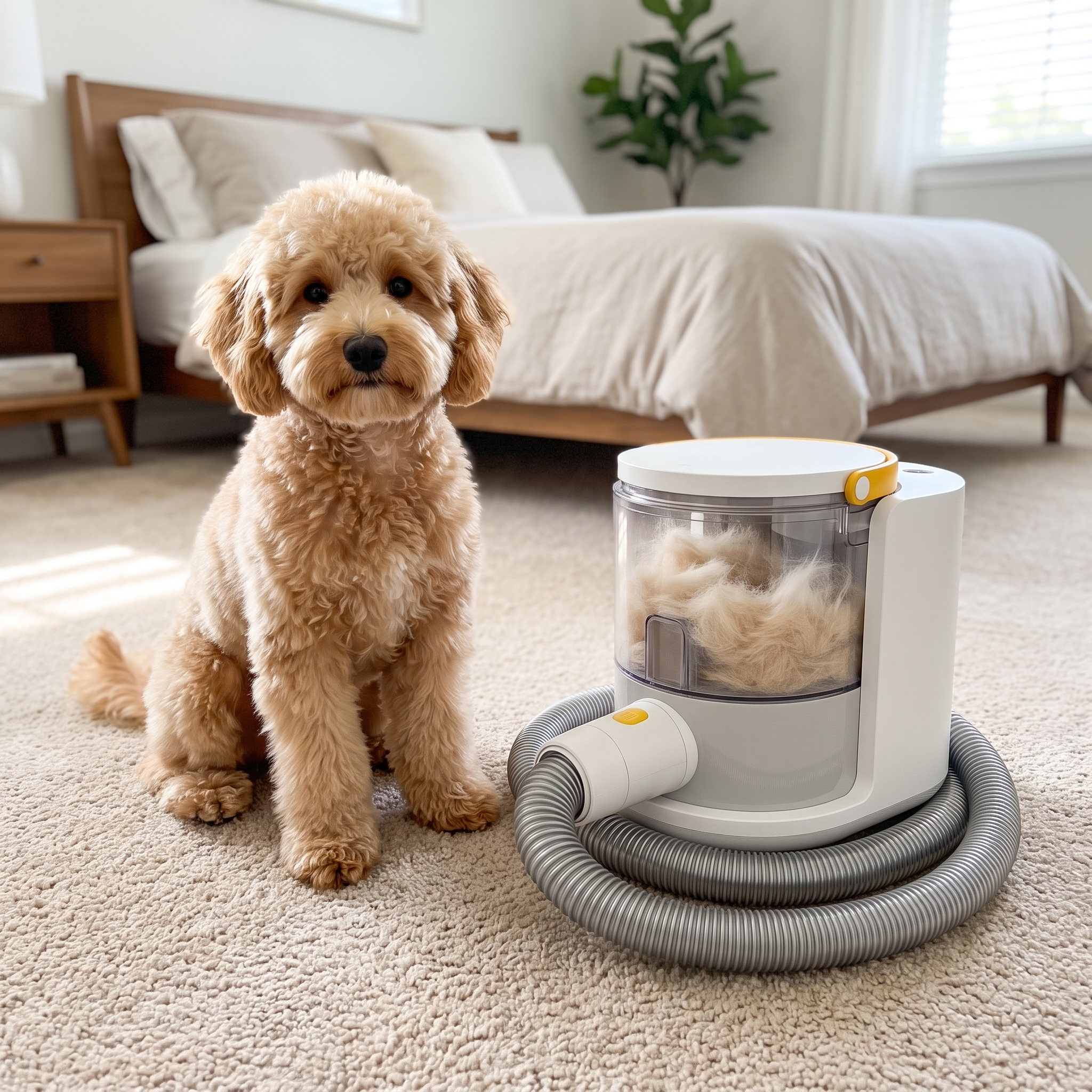 Tidy carpeted bedroom with the grooming vacuum kit and cream fur collected in the canister