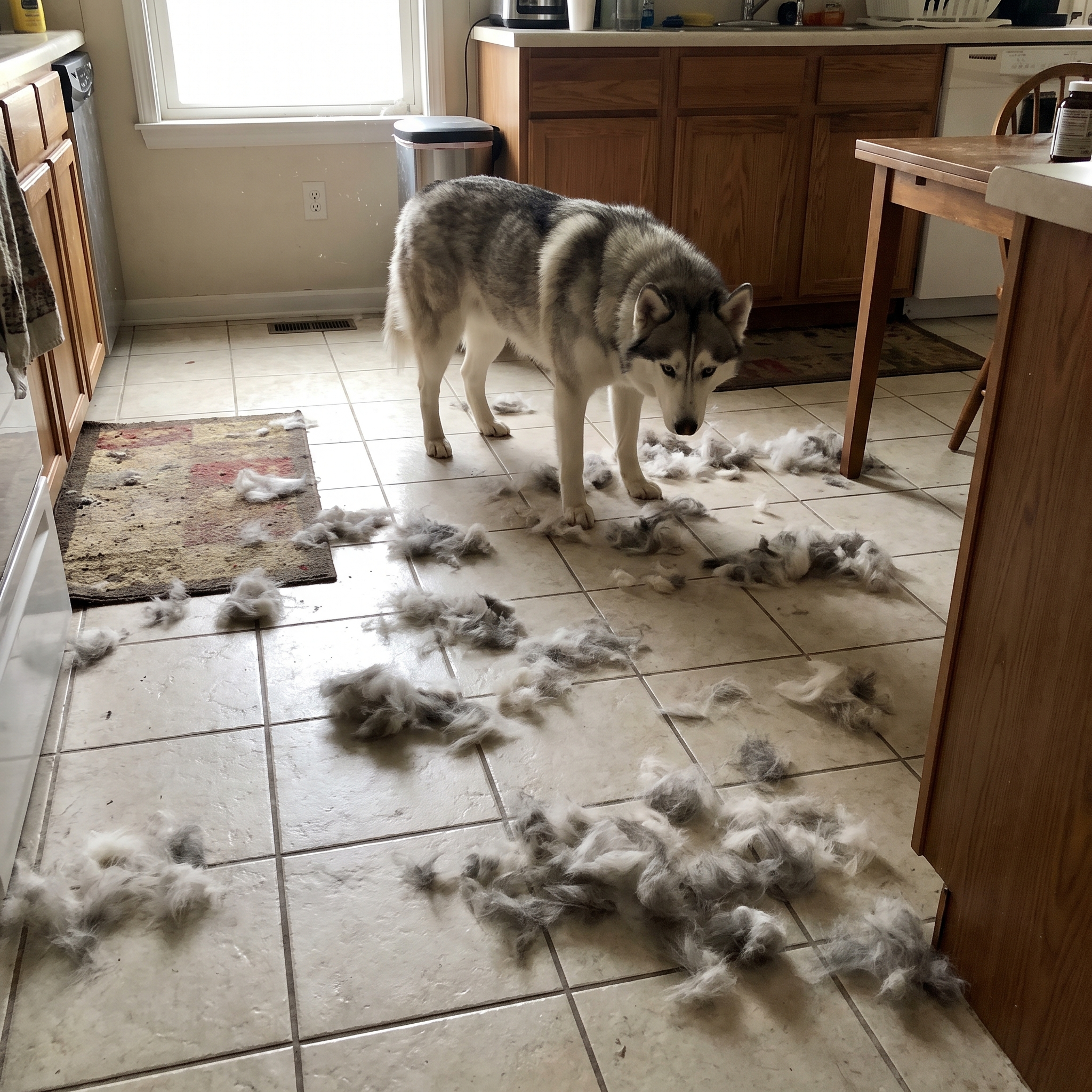 Husky in a tiled kitchen with shed fur across the floor