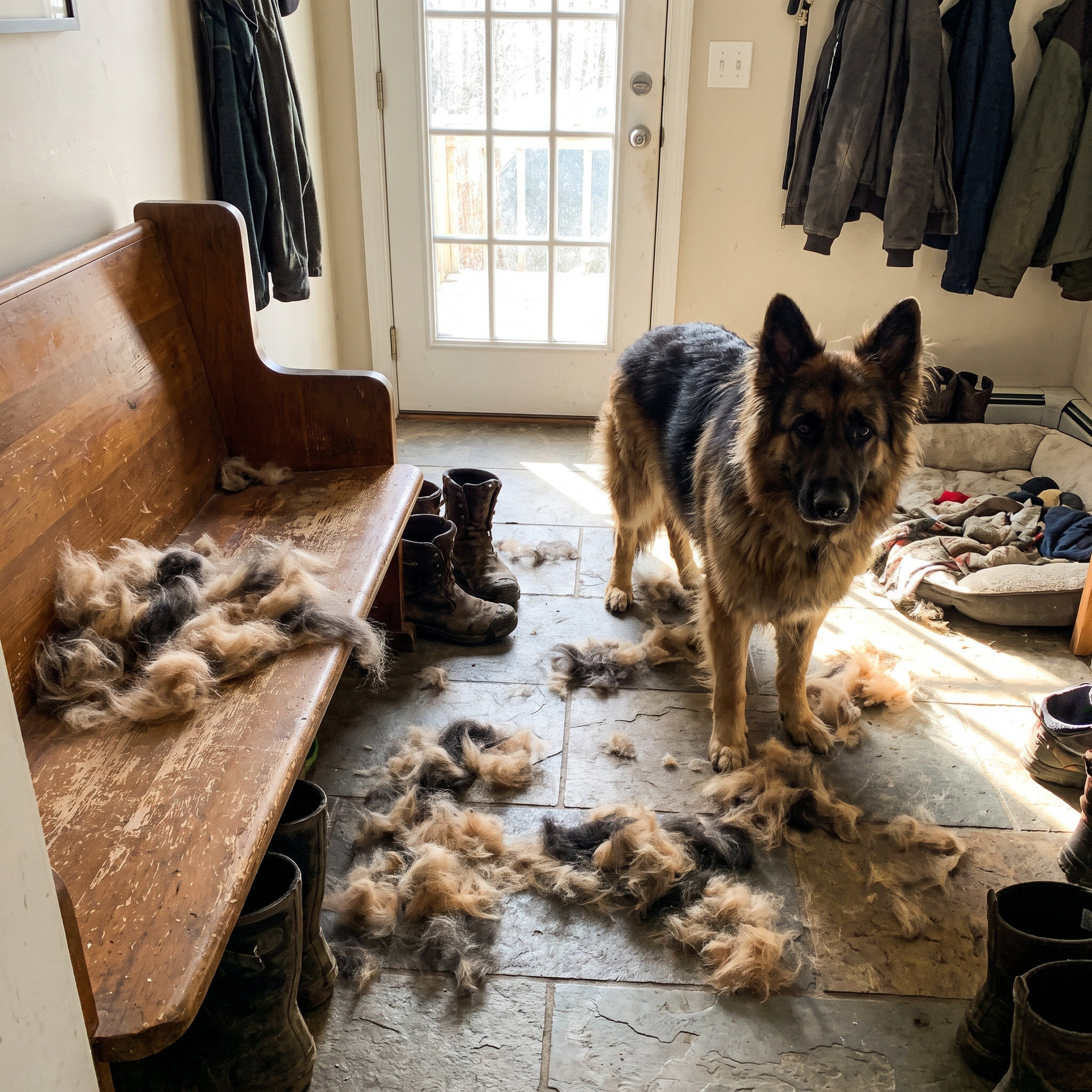 German shepherd in a mudroom with loose undercoat fur on the bench and floor
