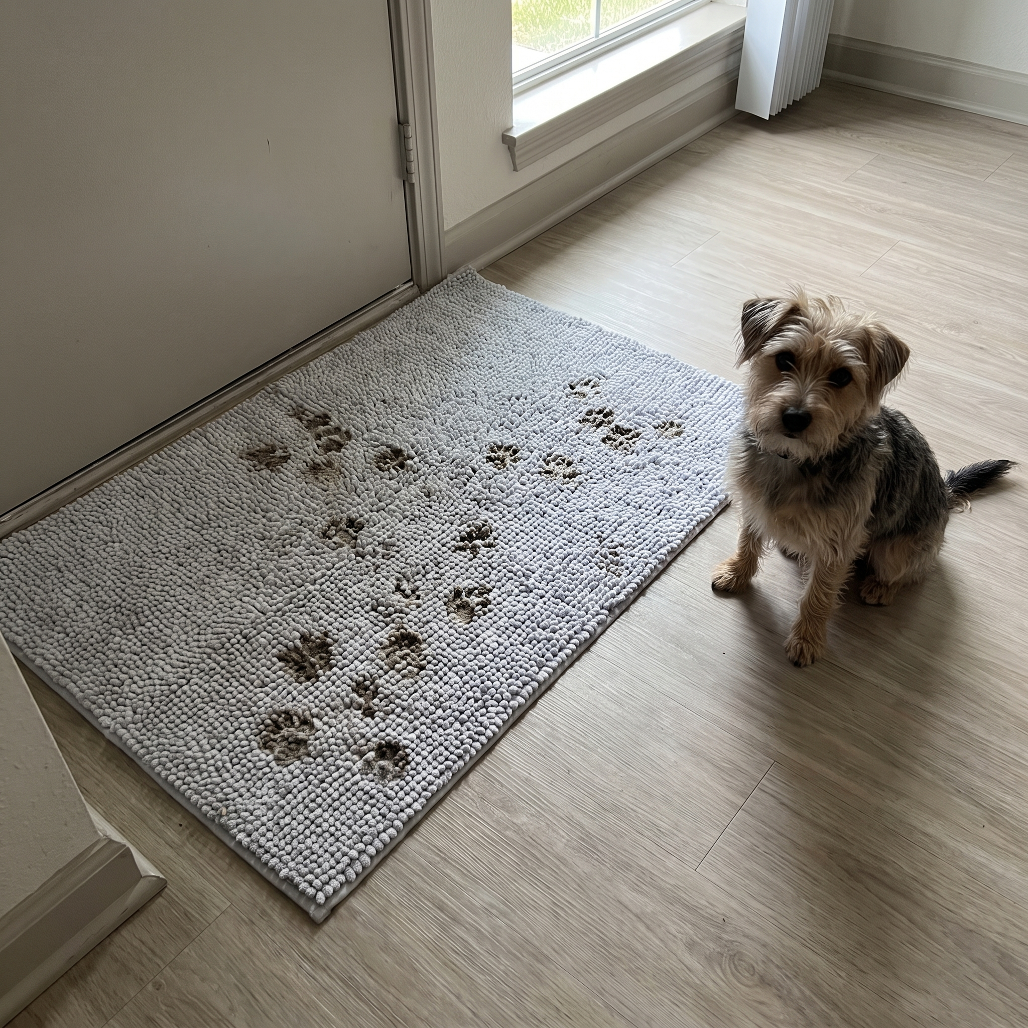 Grey chenille mat holding absorbed paw prints with clean laminate floor past it