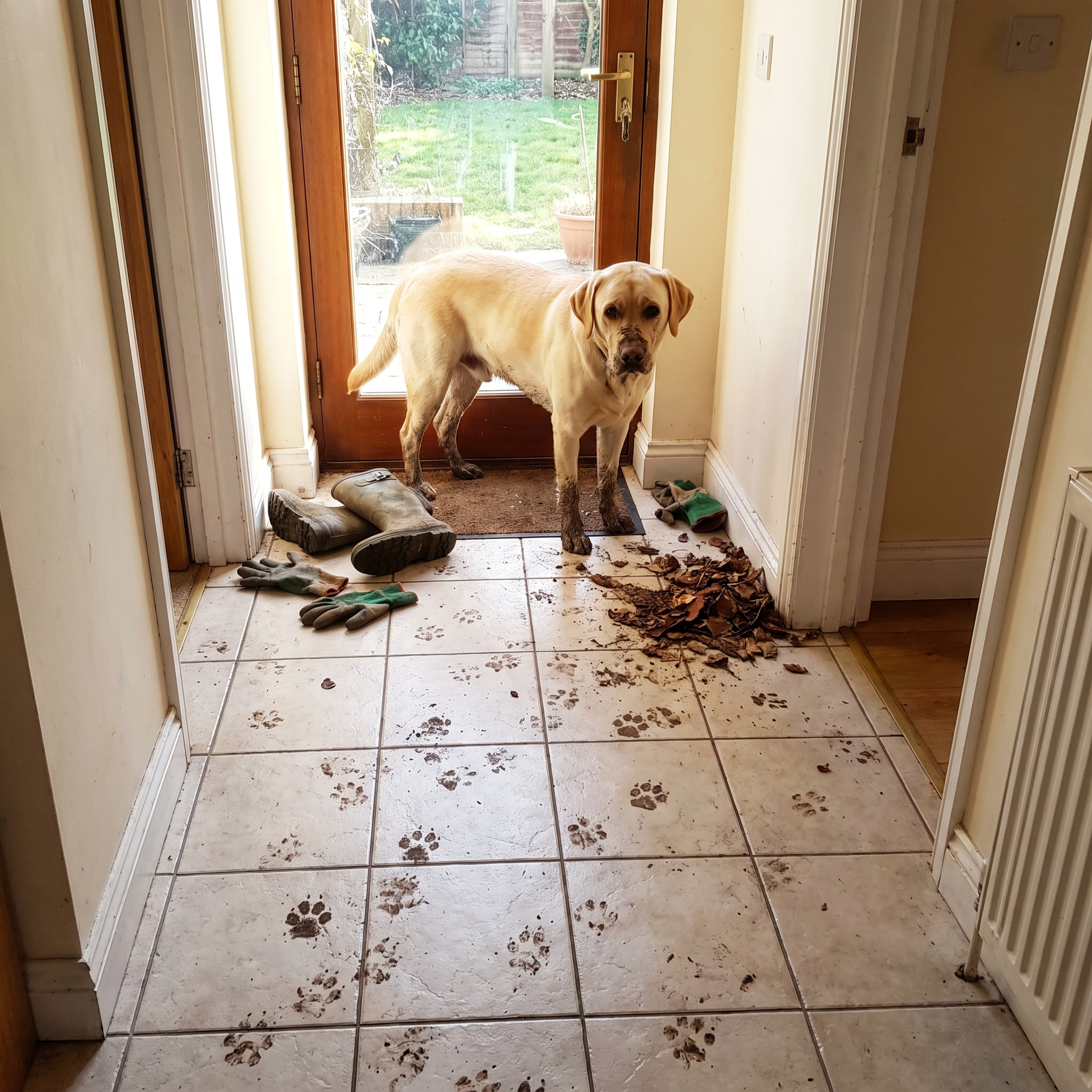 Labrador with muddy paws and prints tracked across a tiled back entry