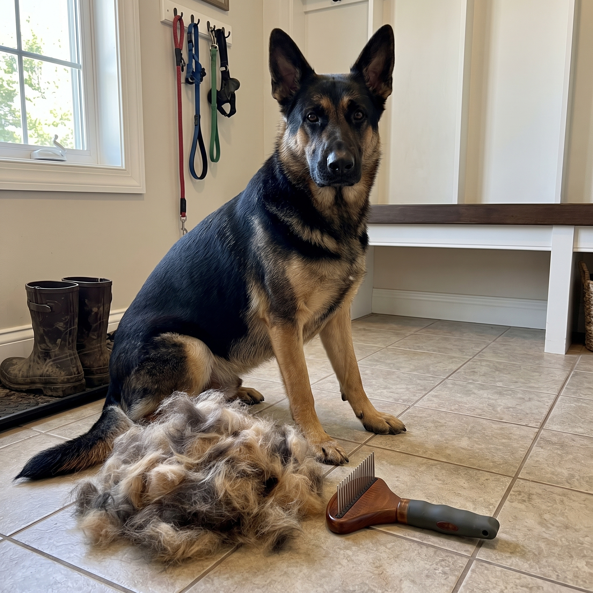 Sleek brushed german shepherd beside a pile of pulled undercoat and the wood-handled rake