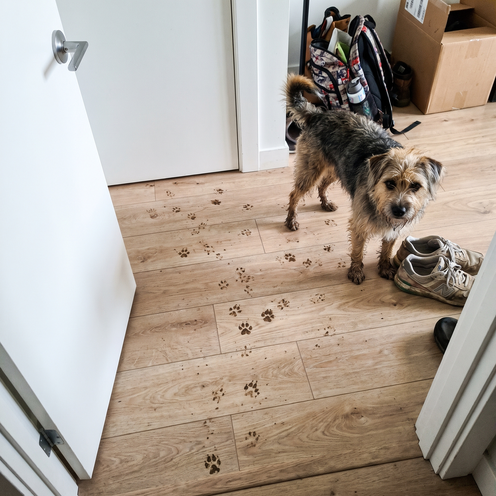 Terrier with muddy paw prints across a light laminate apartment doorway