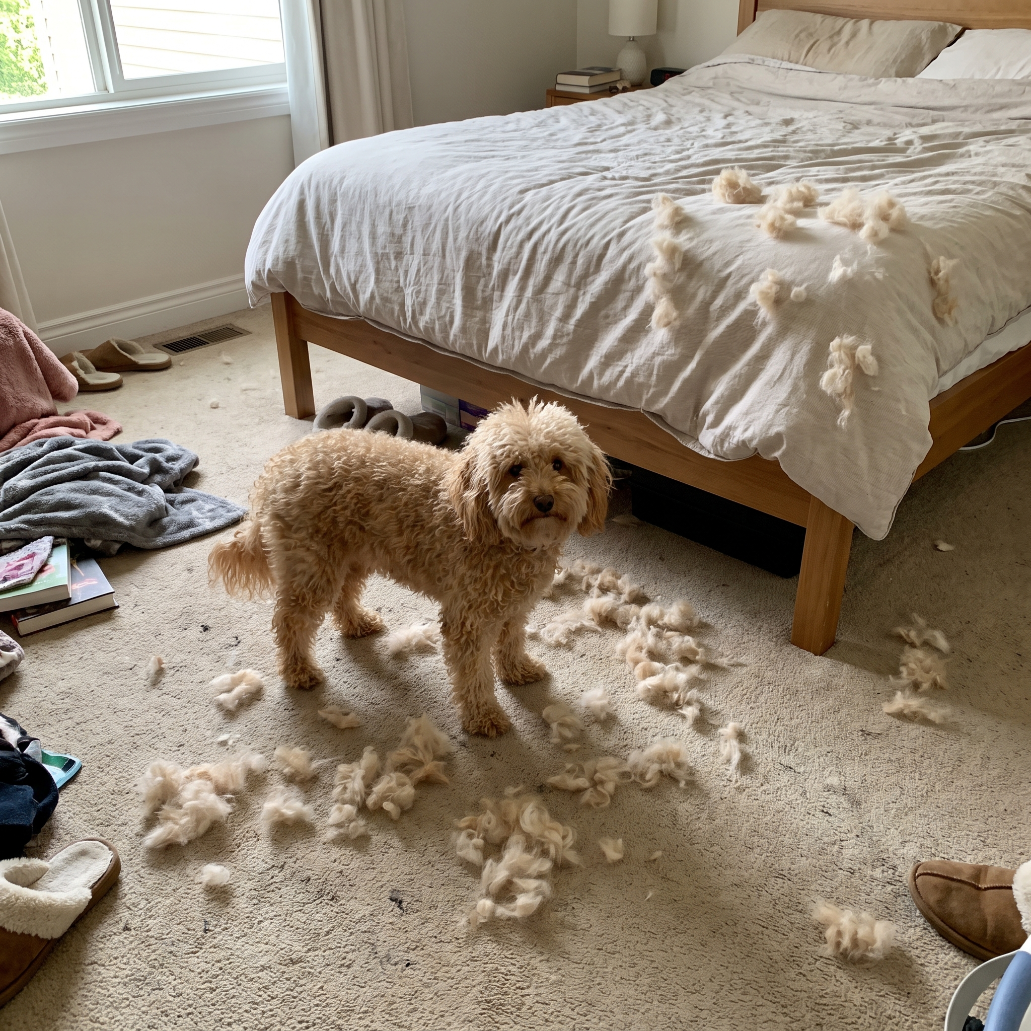 Poodle in a carpeted bedroom with loose fur on the carpet and bed