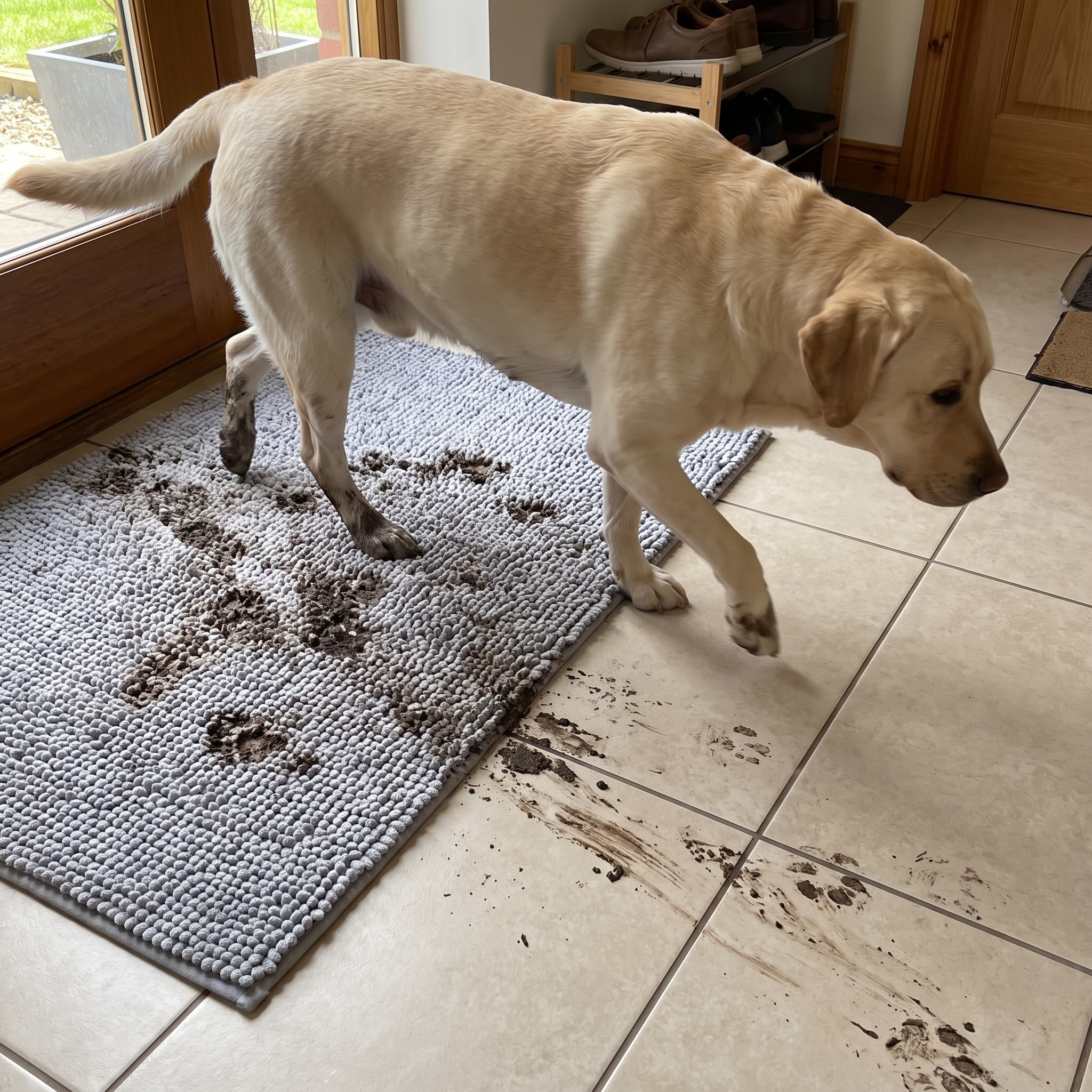Grey chenille mat catching mud as the labrador steps off onto clean tile