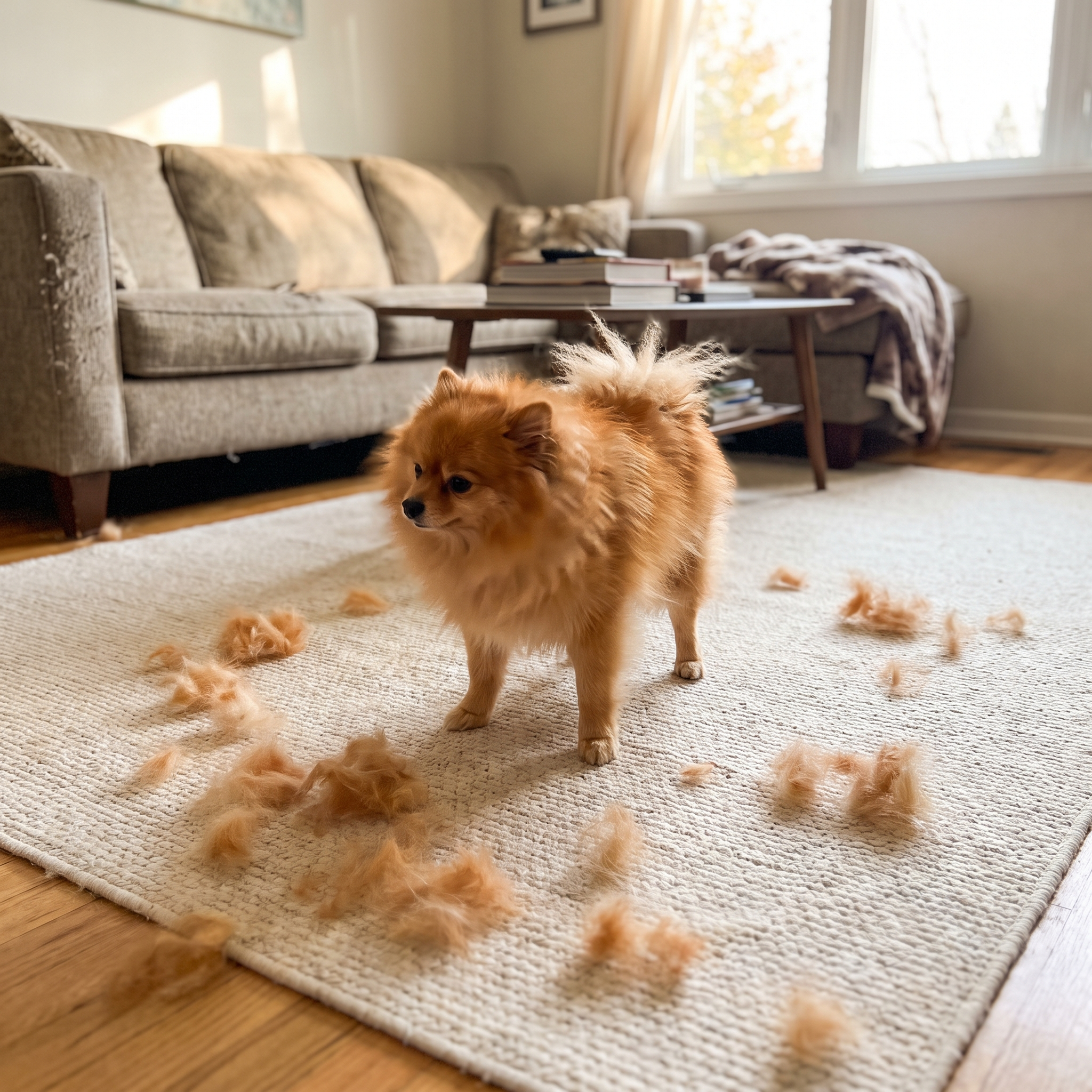 Fluffy pomeranian on a light area rug with loose fur scattered across it
