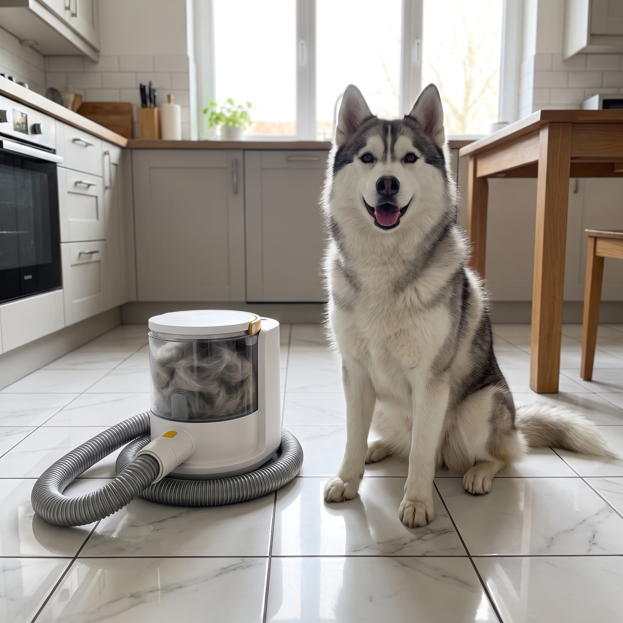Clean tiled kitchen with the grooming vacuum kit holding grey fur in its clear canister