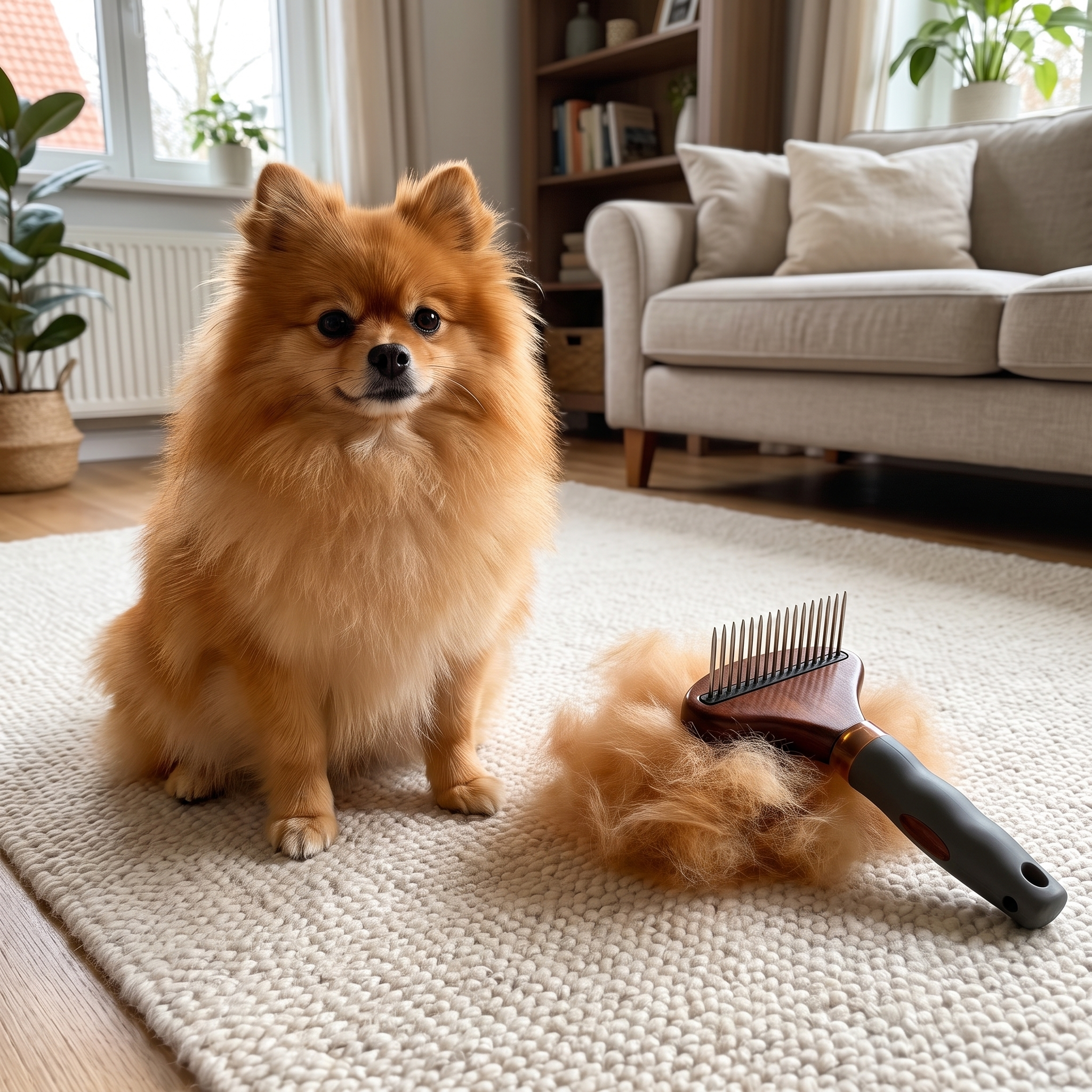 Tidy pomeranian beside a pile of pulled undercoat and the wood-handled rake