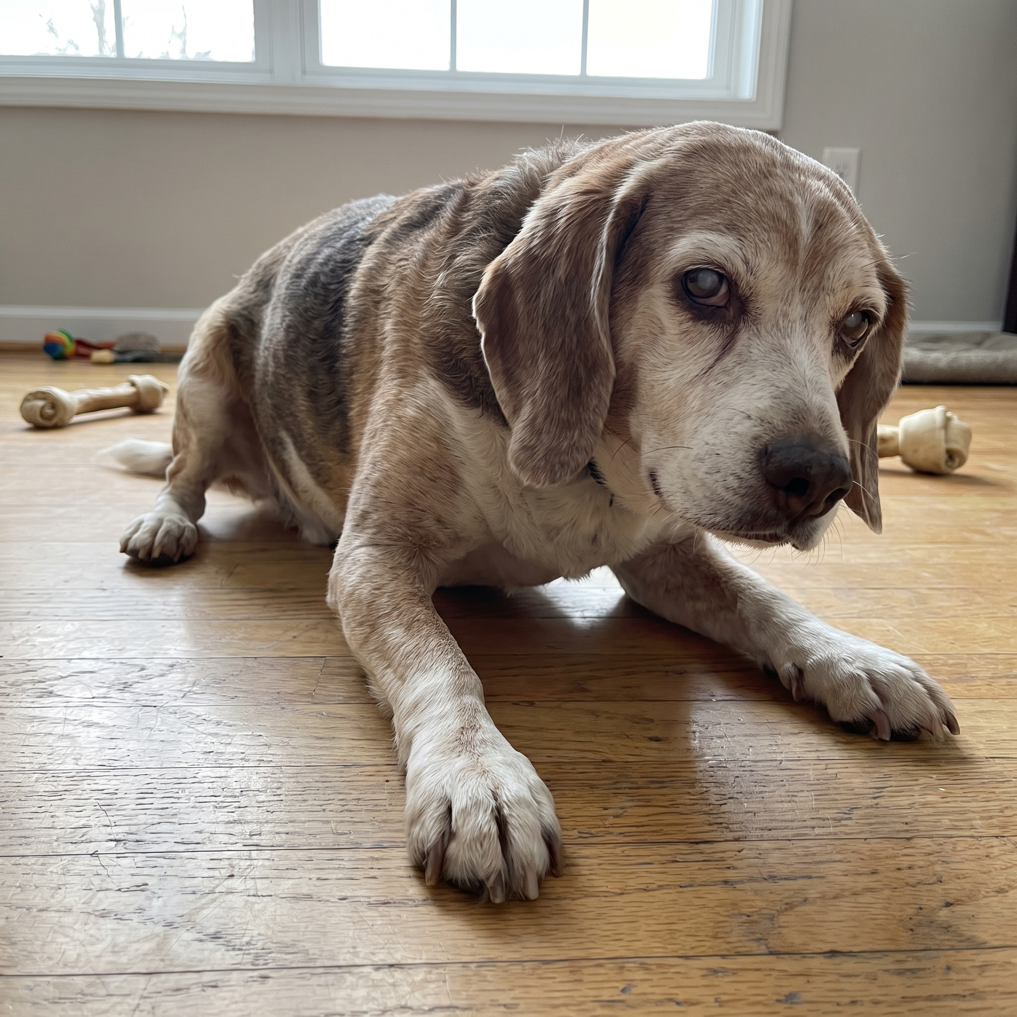 Senior beagle on a hardwood floor struggling to rise