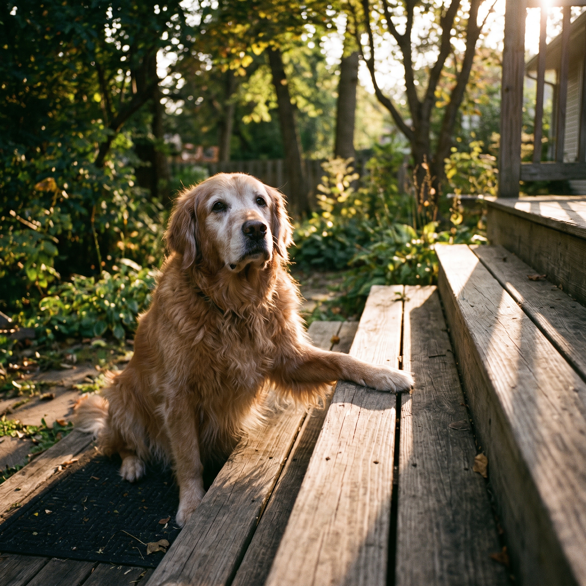 Senior golden retriever sitting at the base of deck stairs, unable to climb