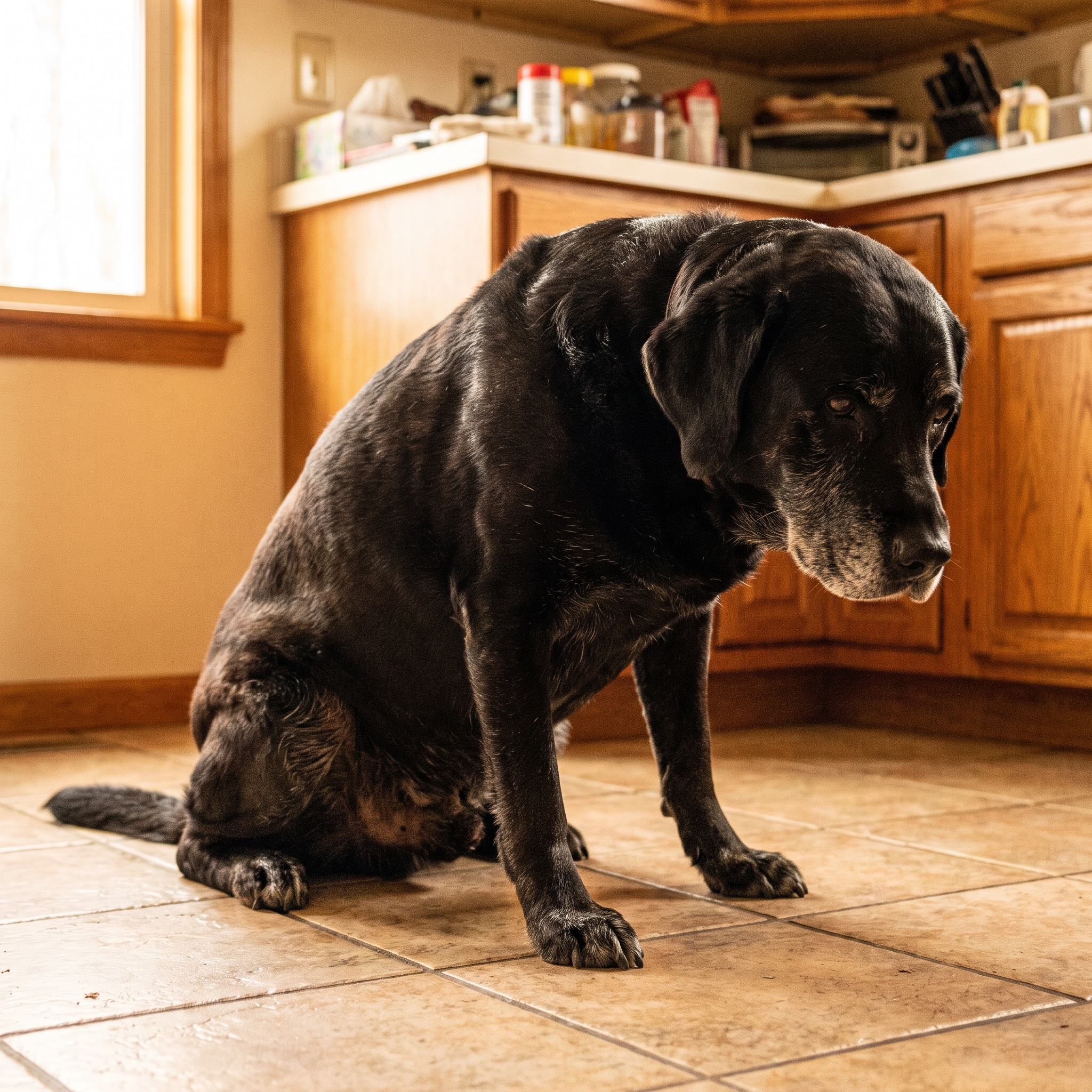 Senior black Labrador struggling to stand on a kitchen floor