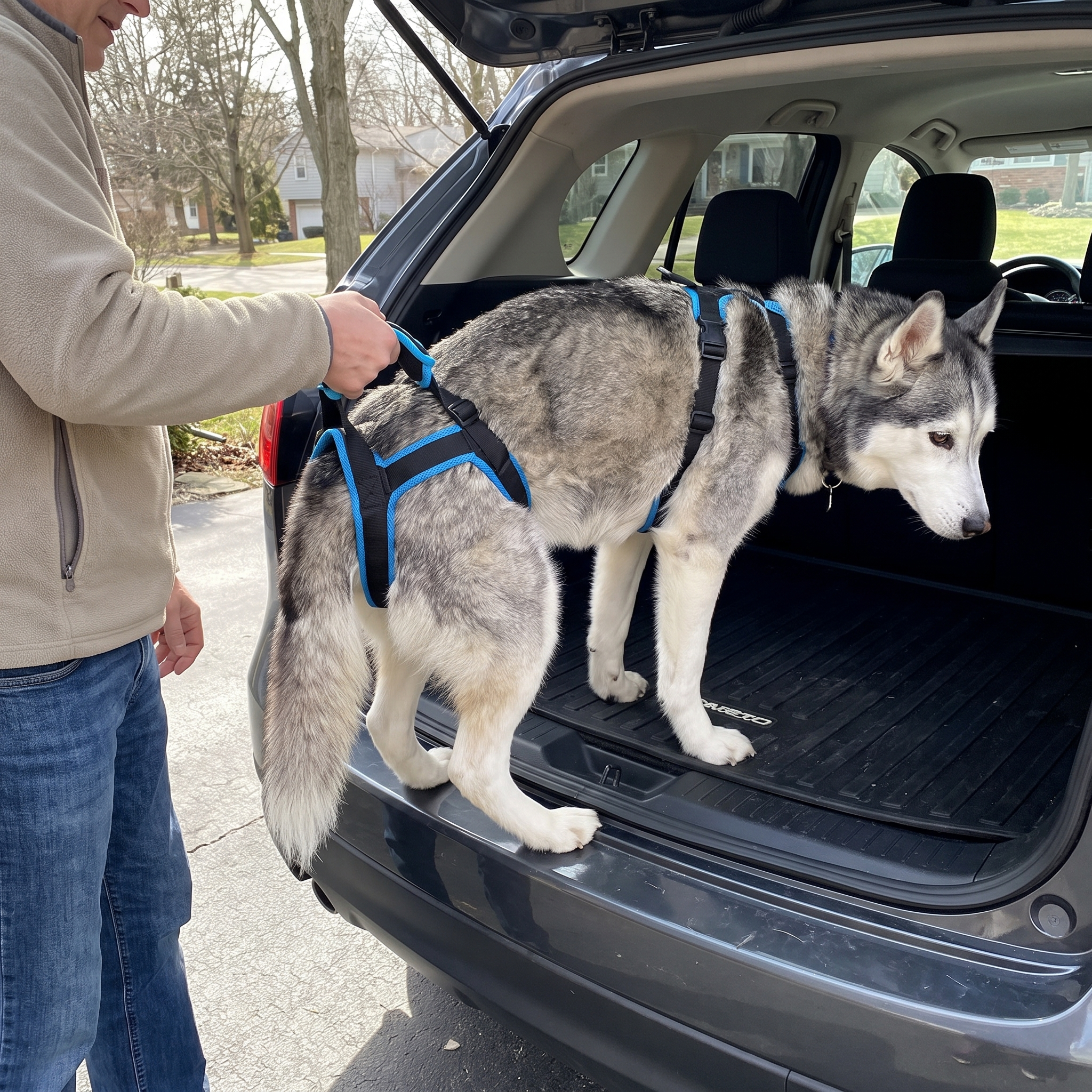 Owner lifting the husky toward the car using the lift harness handle