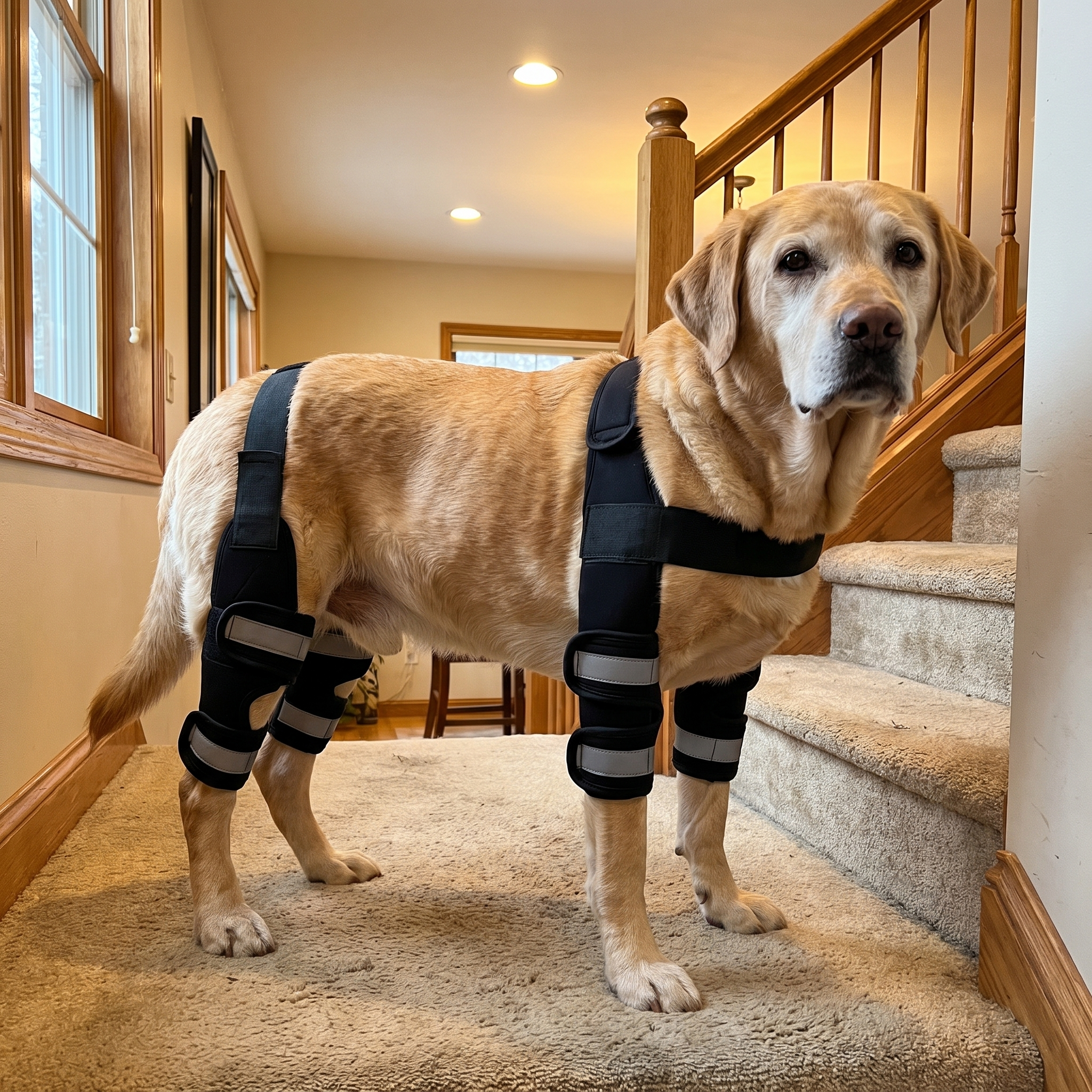 Same senior Labrador wearing the neoprene rear-leg brace, standing comfortably at the stairs