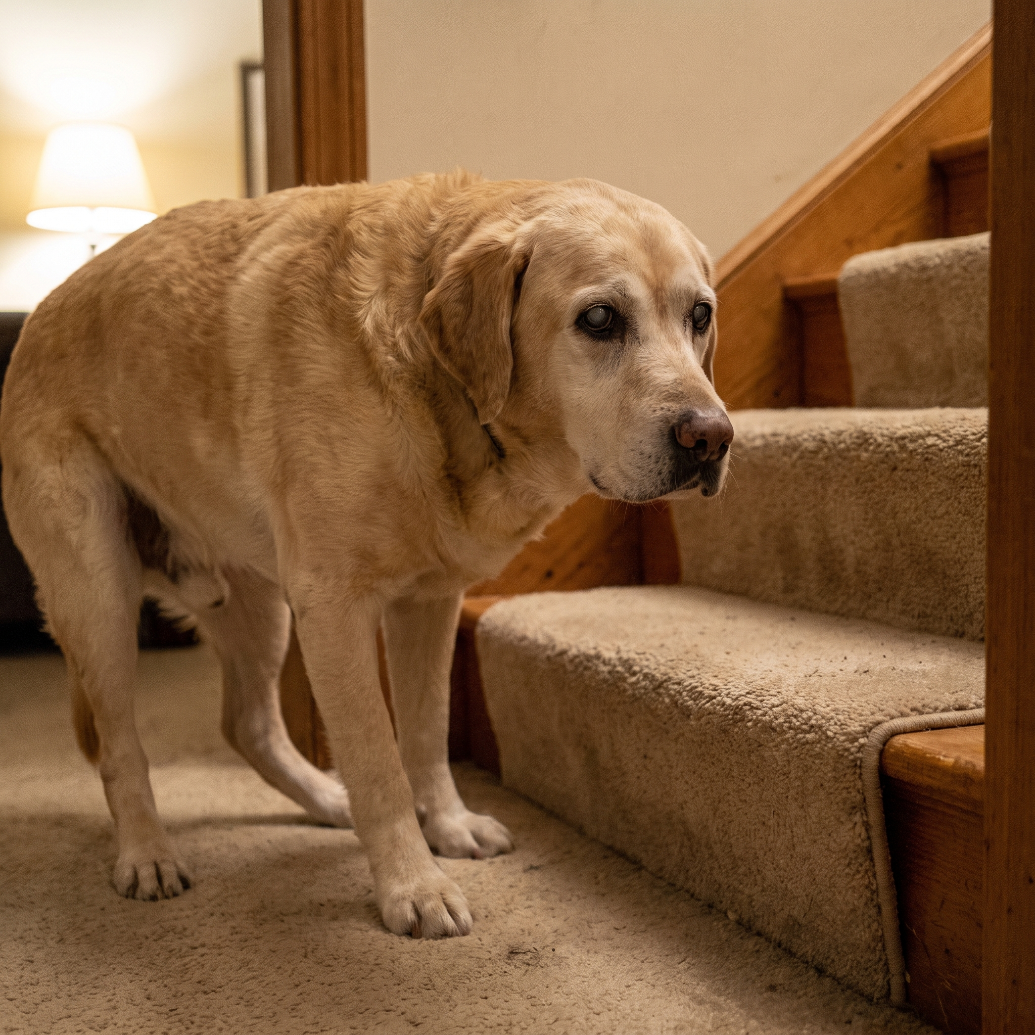 Senior yellow Labrador hesitating at the bottom of a carpeted staircase, favoring a stiff hind leg