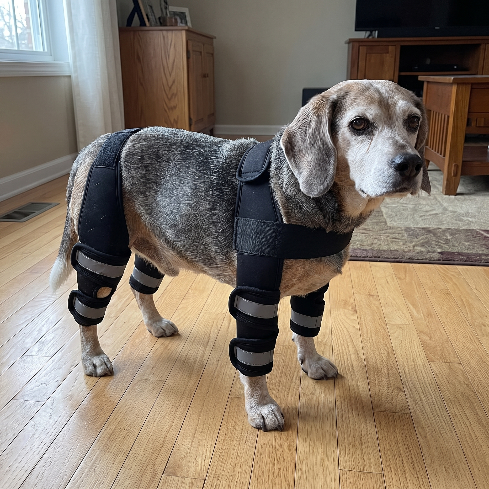 Same beagle standing steady on the hardwood floor wearing the neoprene rear-leg brace