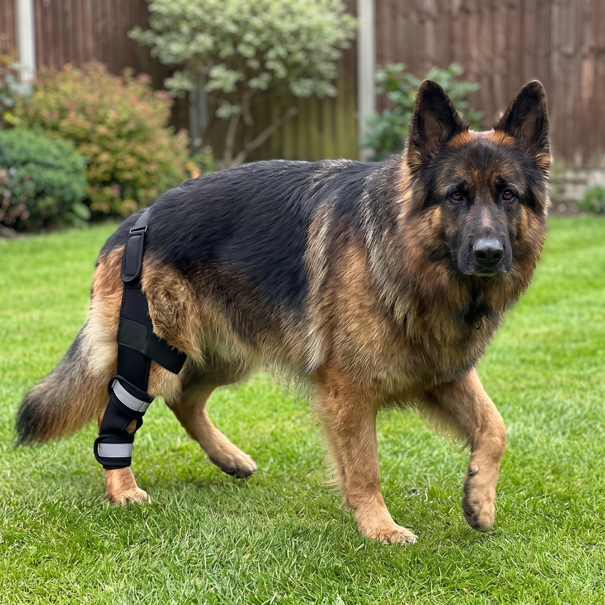 Same German Shepherd wearing the neoprene rear-leg brace, standing and moving comfortably on the lawn