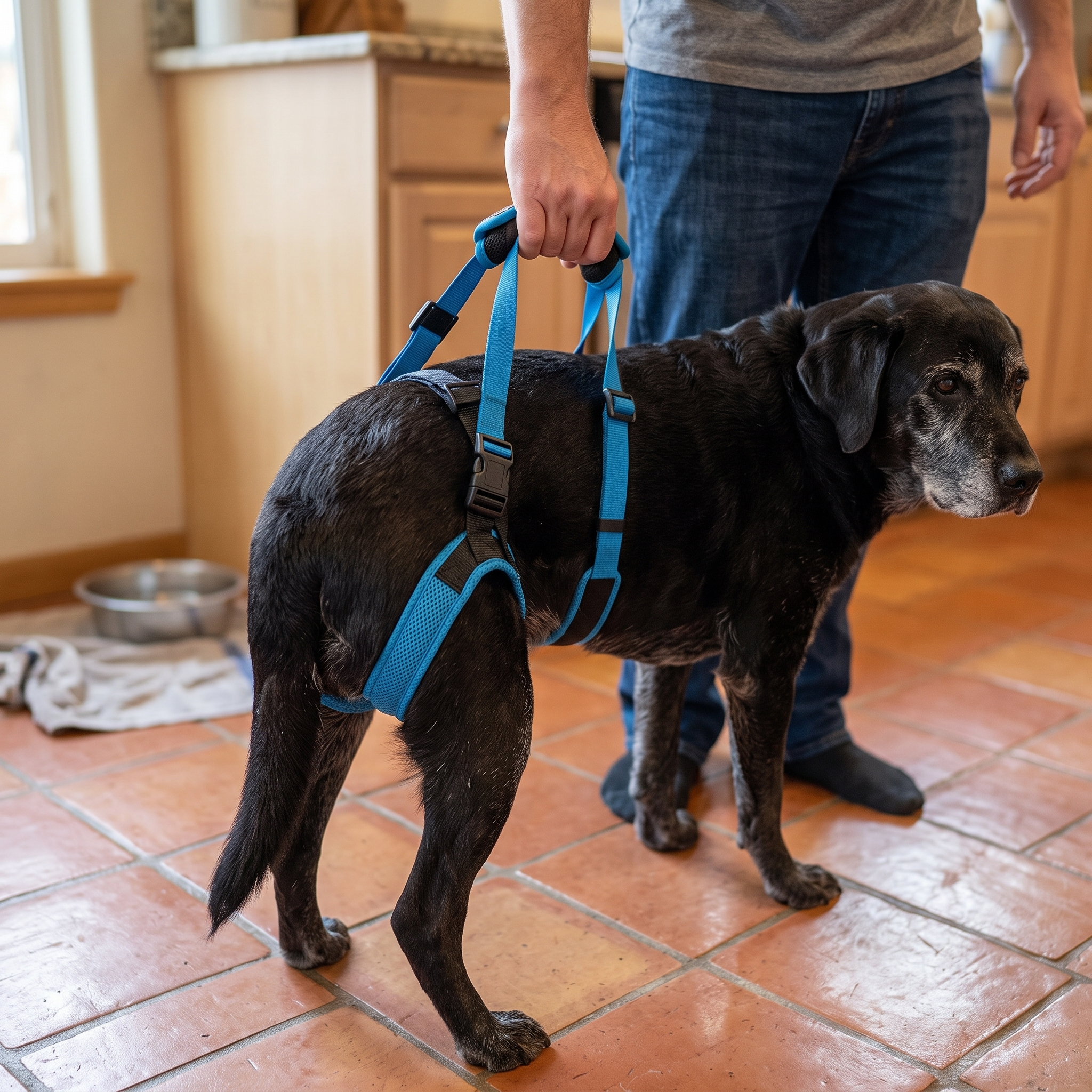 Owner helping the black Labrador stand using the padded rear lift harness