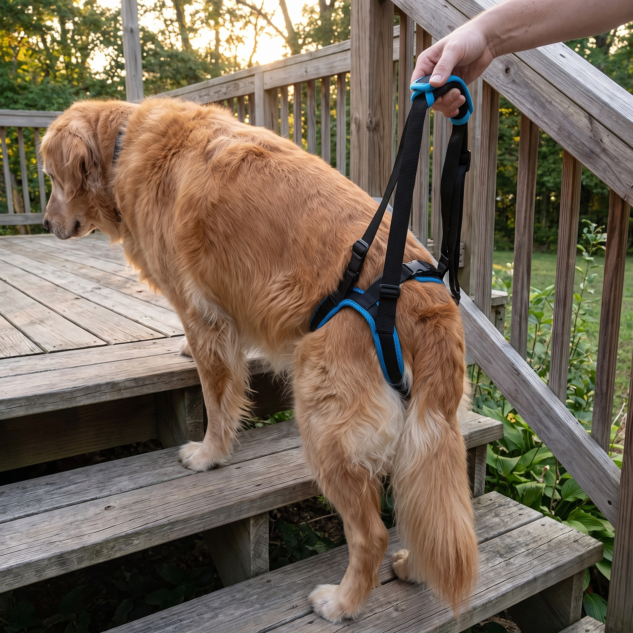 Owner using the lift harness handle to support the golden retriever up the deck stairs