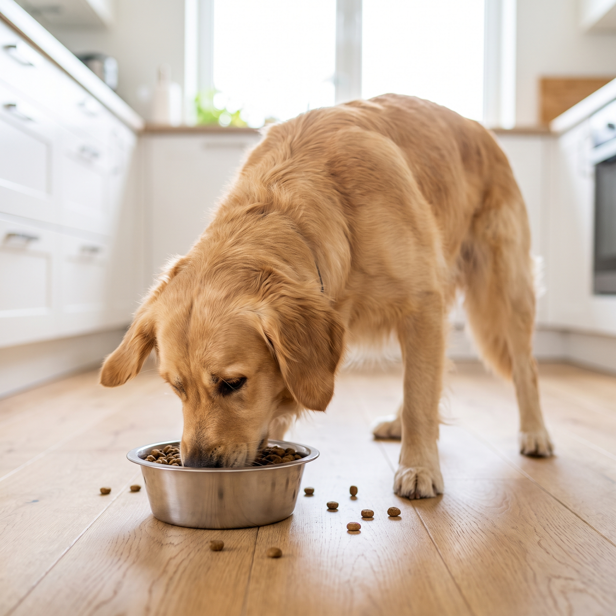 Golden retriever inhaling kibble face-down from a plain flat bowl on a kitchen floor