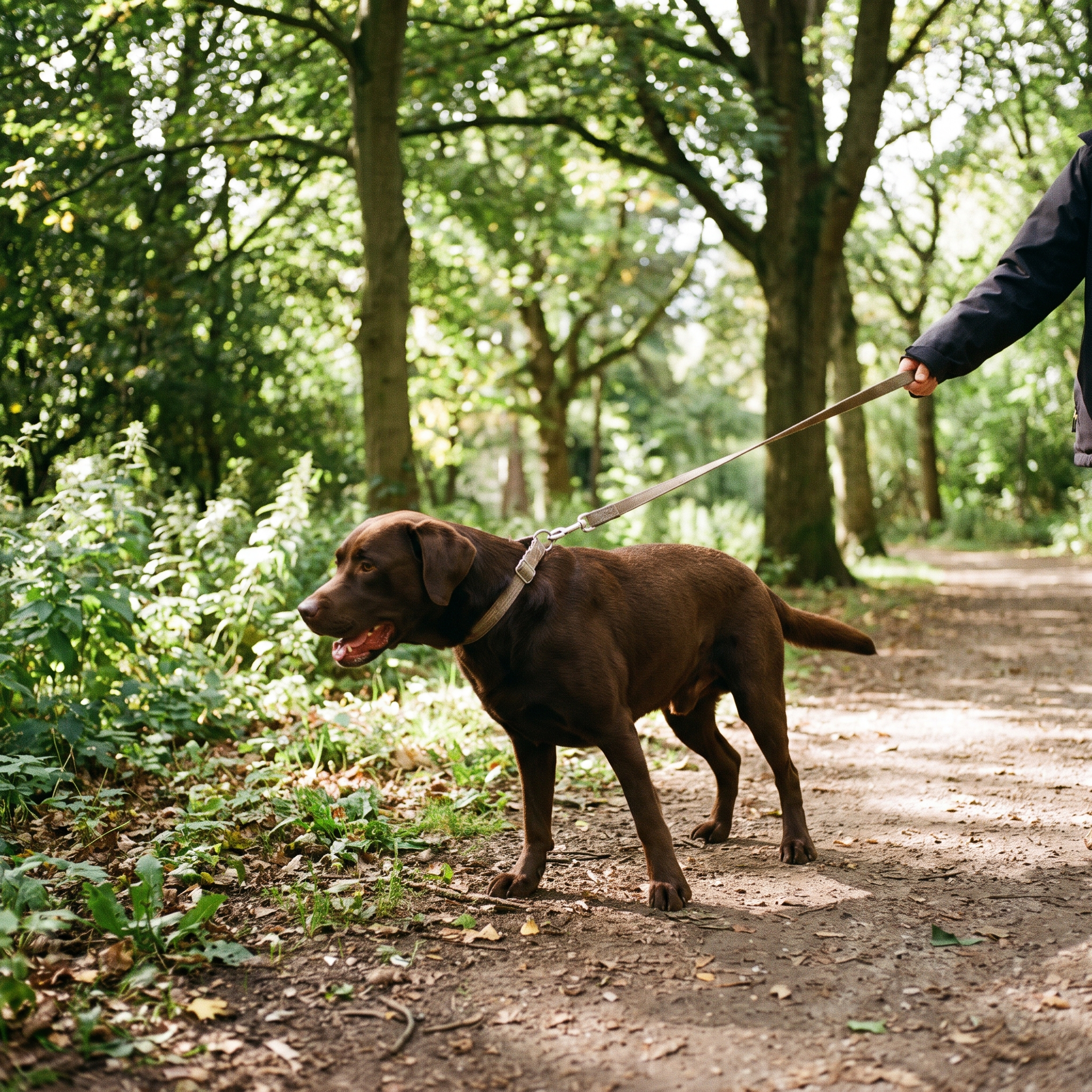 Labrador lunging forward and choking on a flat collar on a park path