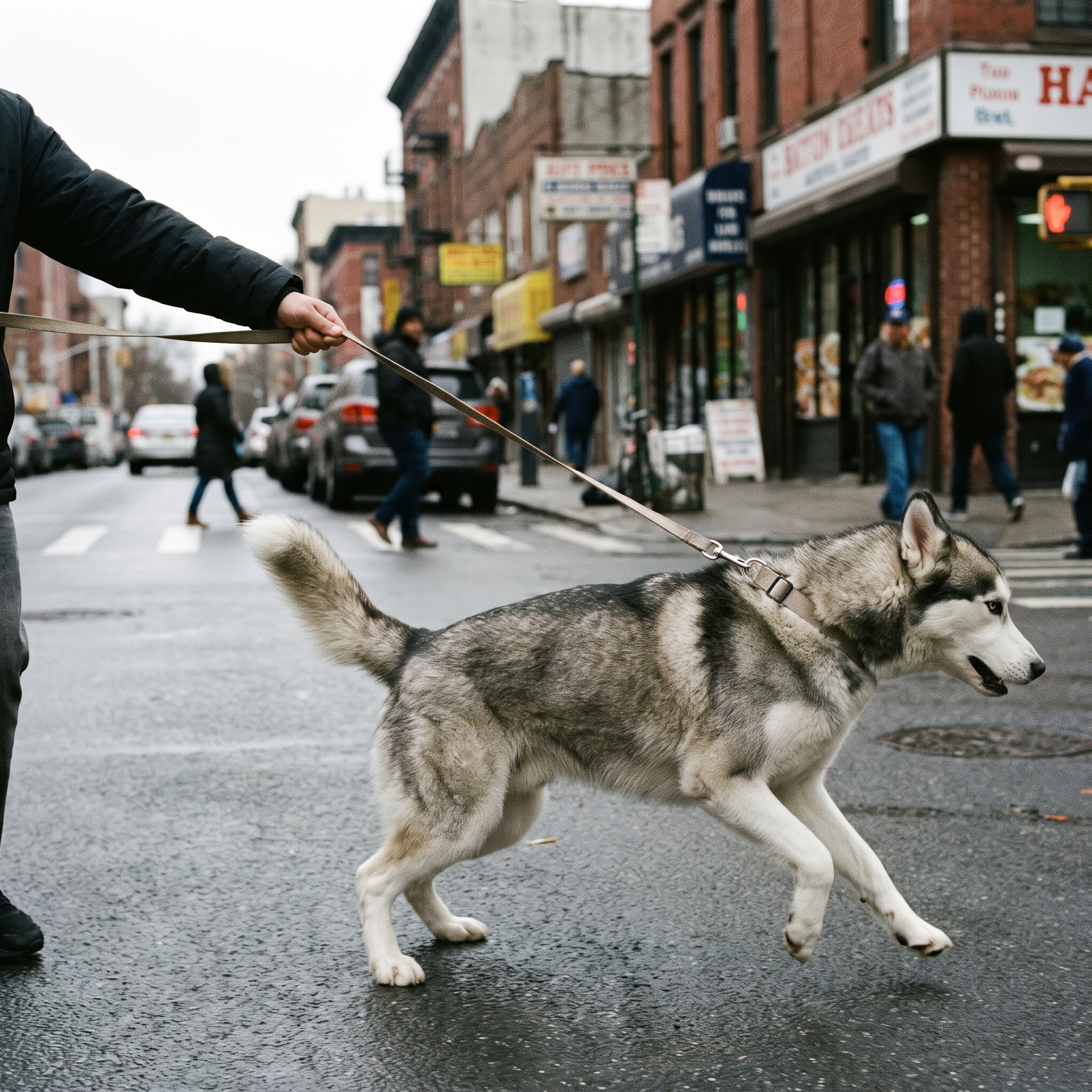 Siberian husky dragging its owner and choking on a flat collar on a city street