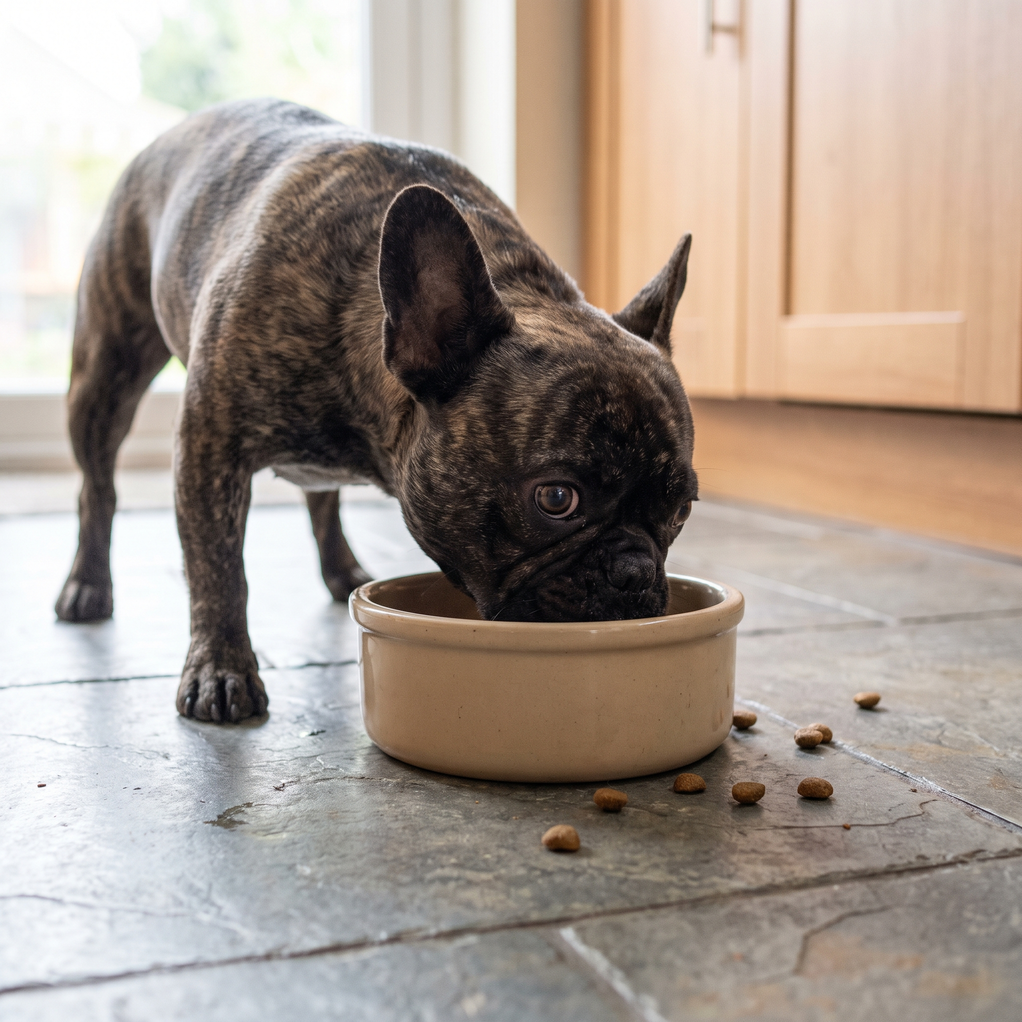 French bulldog gulping food too fast from a flat bowl on a tiled kitchen floor