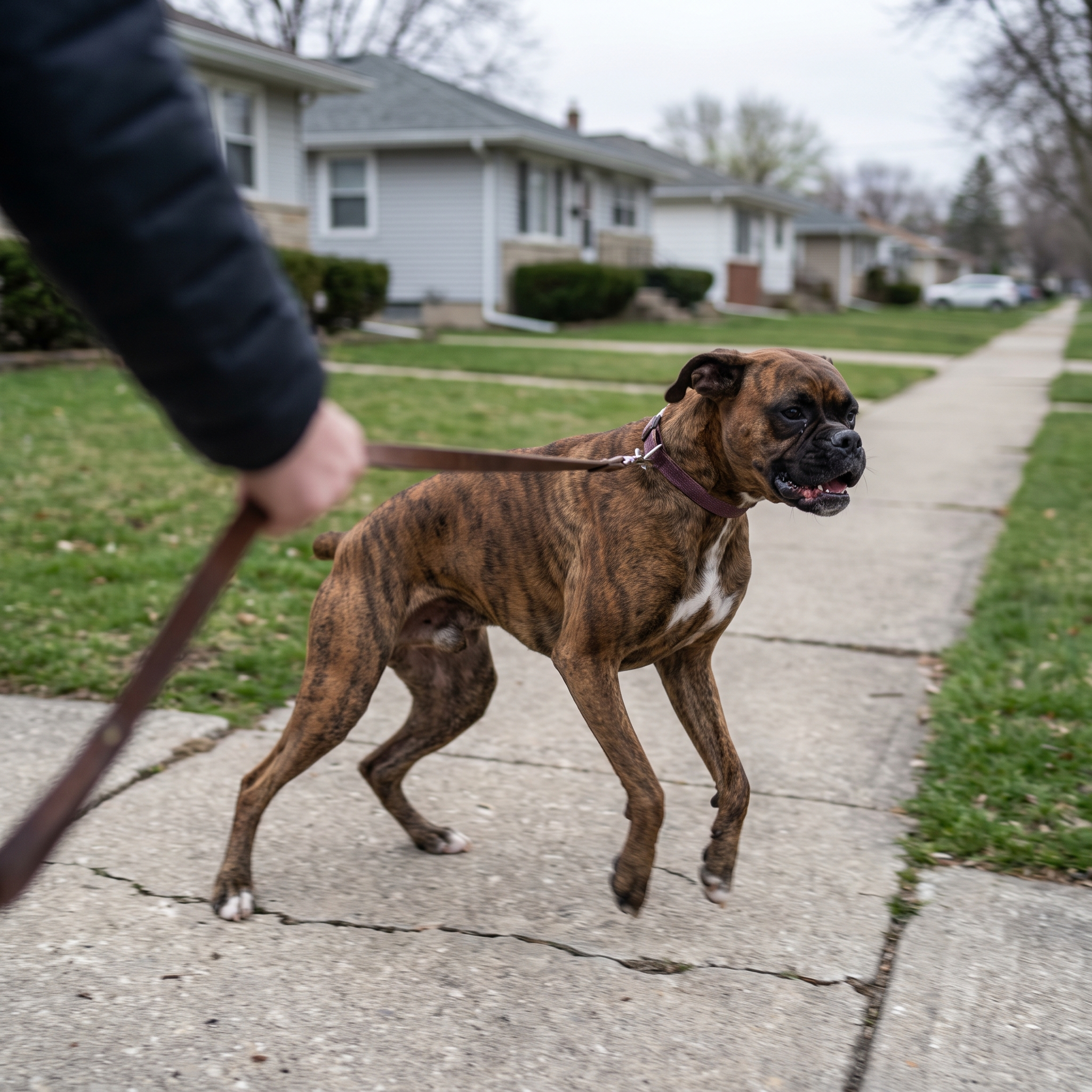 Boxer dog lunging and choking against a flat neck collar on a suburban sidewalk