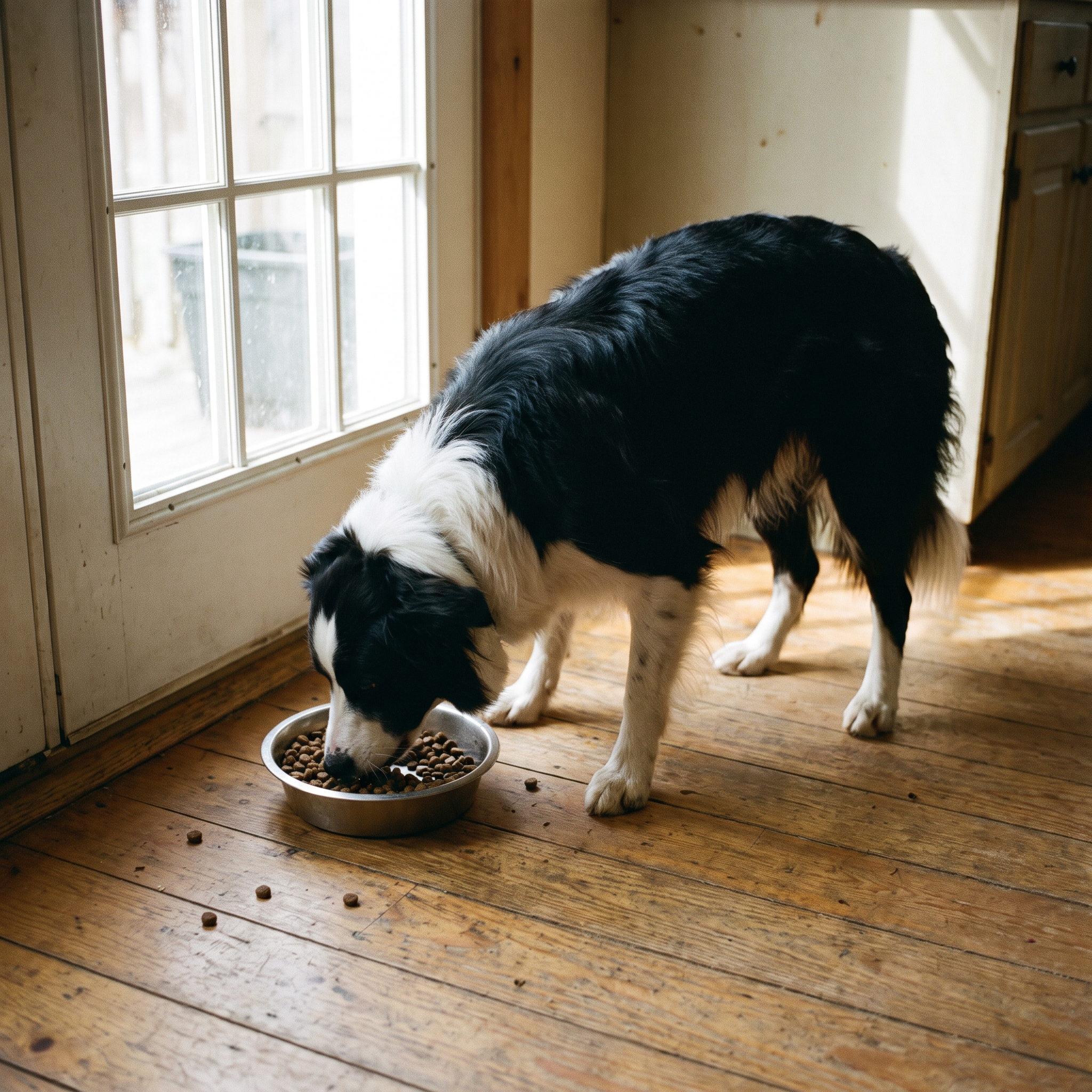 Border collie devouring kibble at speed from a flat bowl in a farmhouse kitchen