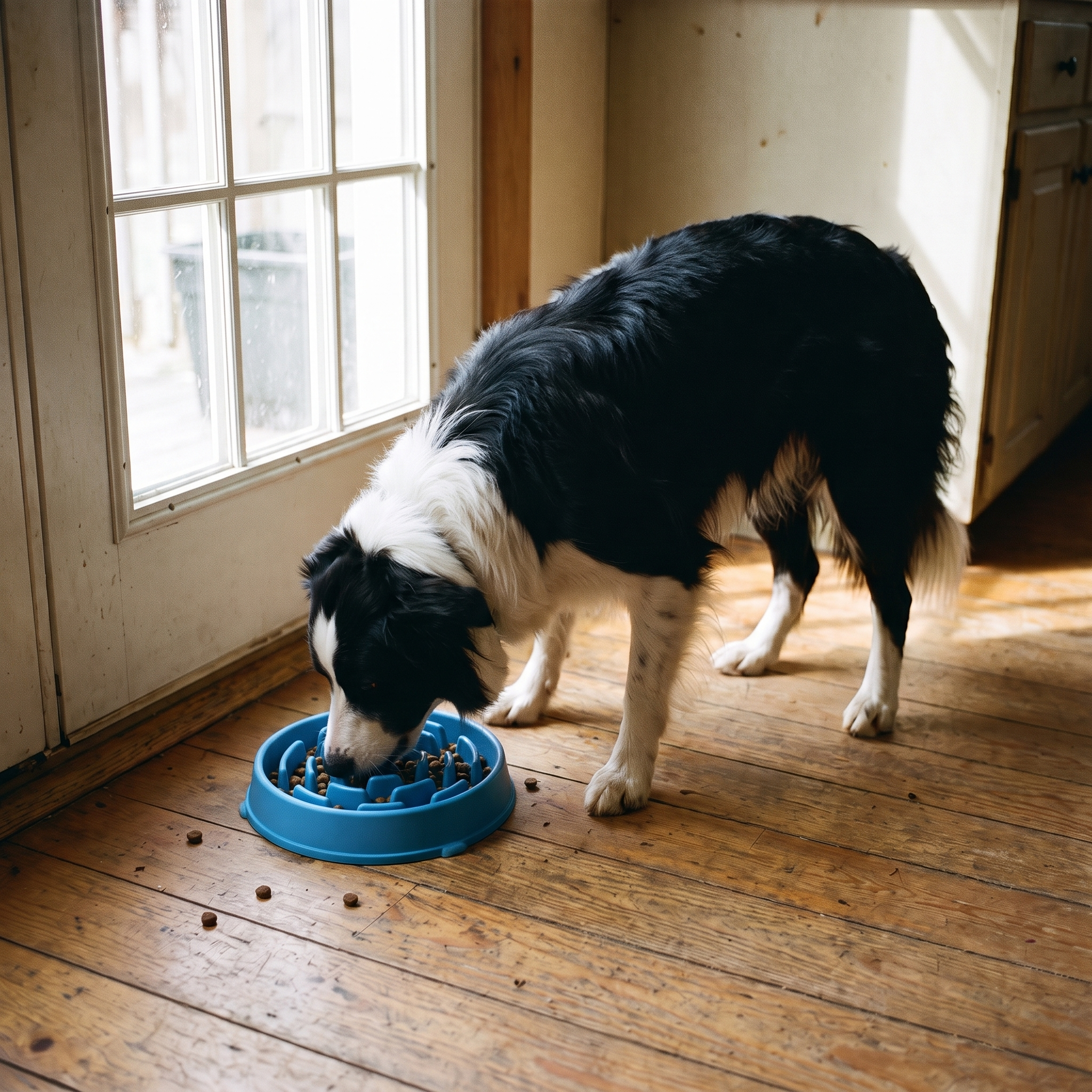 Same border collie eating calmly from the CalmFeeder anti-choke maze bowl