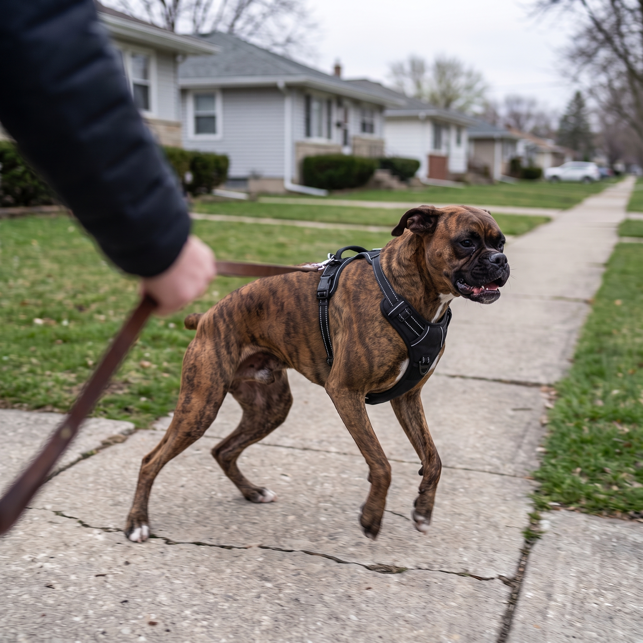 Same boxer walking calmly at heel in the reflective no-pull harness