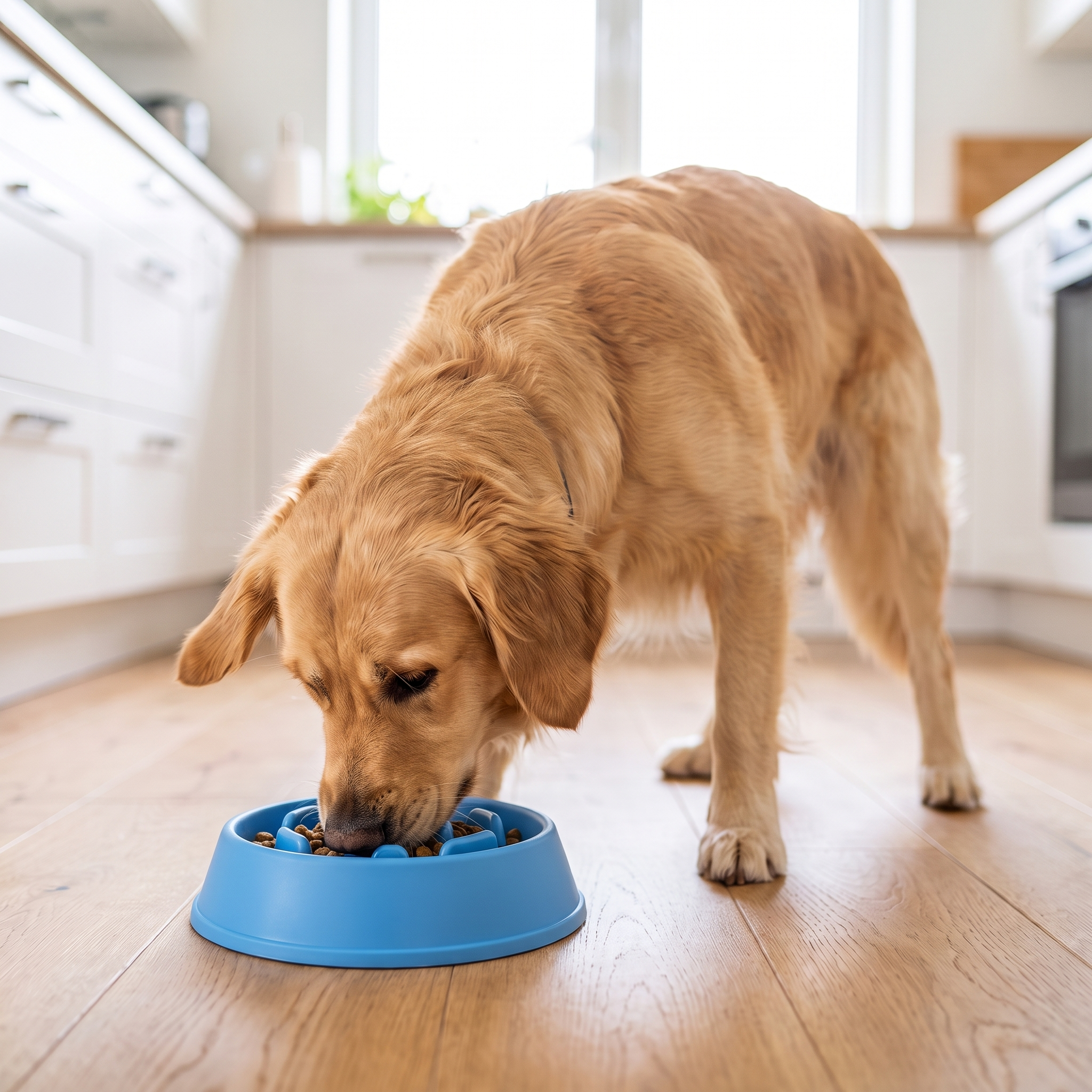 Same golden retriever eating calmly and slowly from the CalmFeeder anti-choke maze bowl