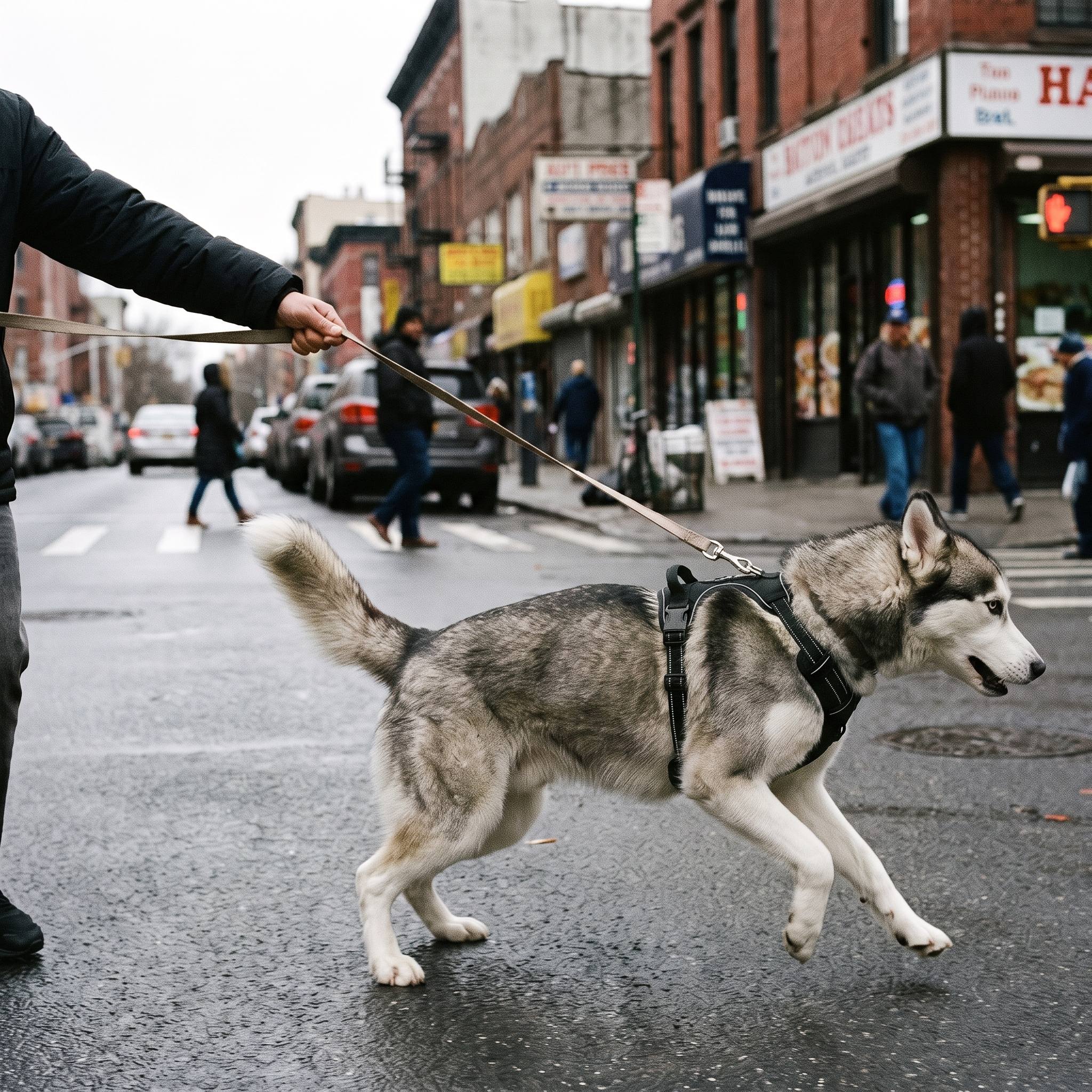 Same husky walking calmly on a loose leash in the reflective no-pull harness