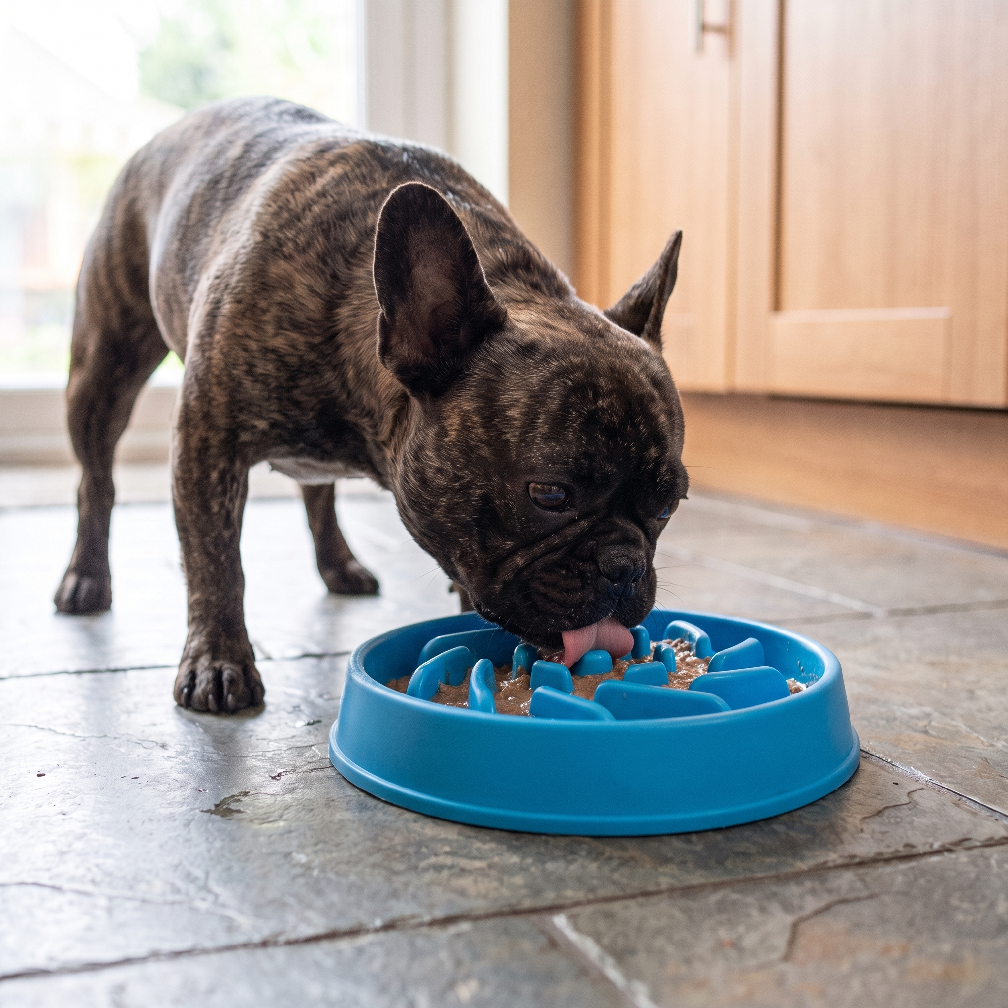 Same French bulldog eating slowly from the CalmFeeder anti-choke maze bowl