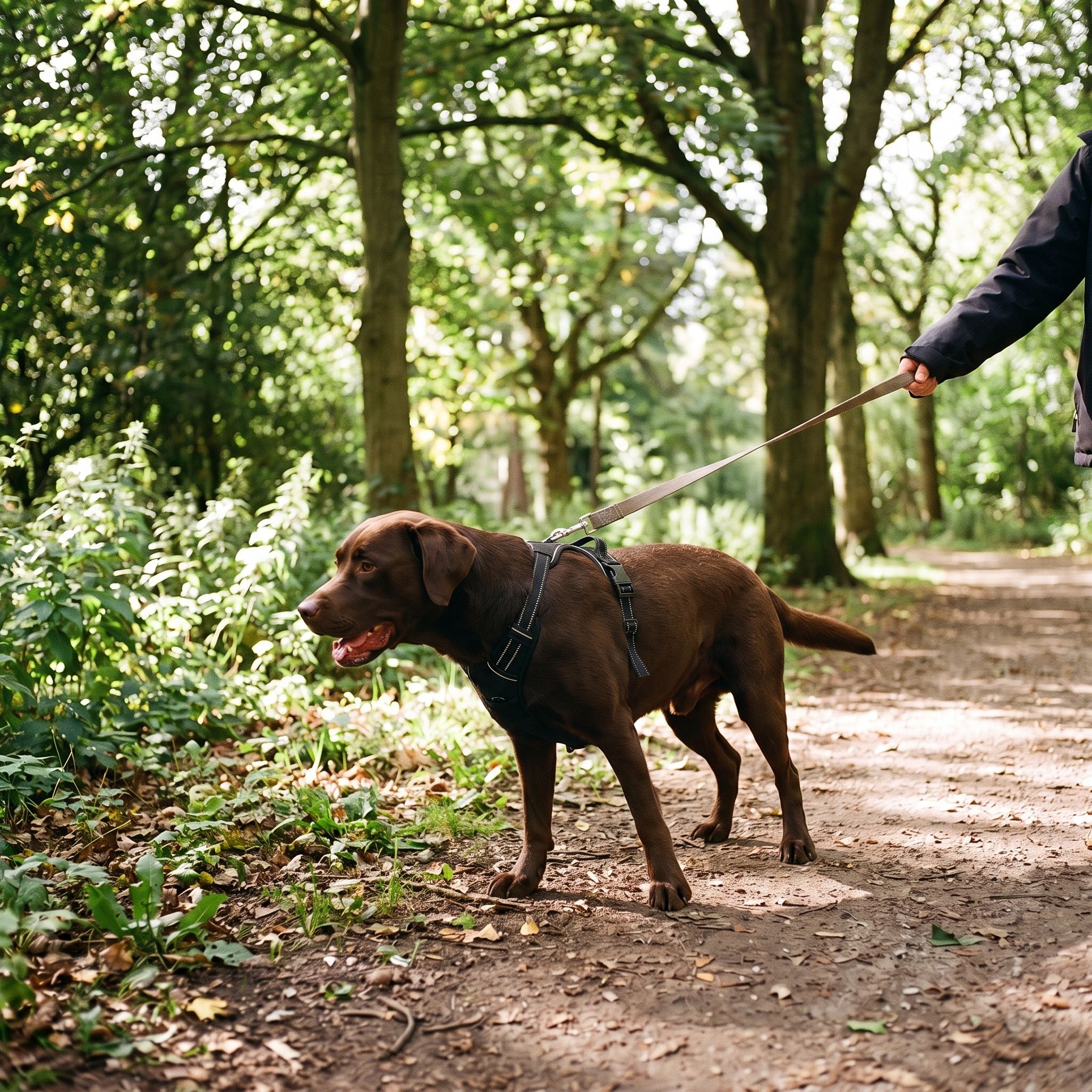 Same Labrador walking calmly at heel in the reflective no-pull harness