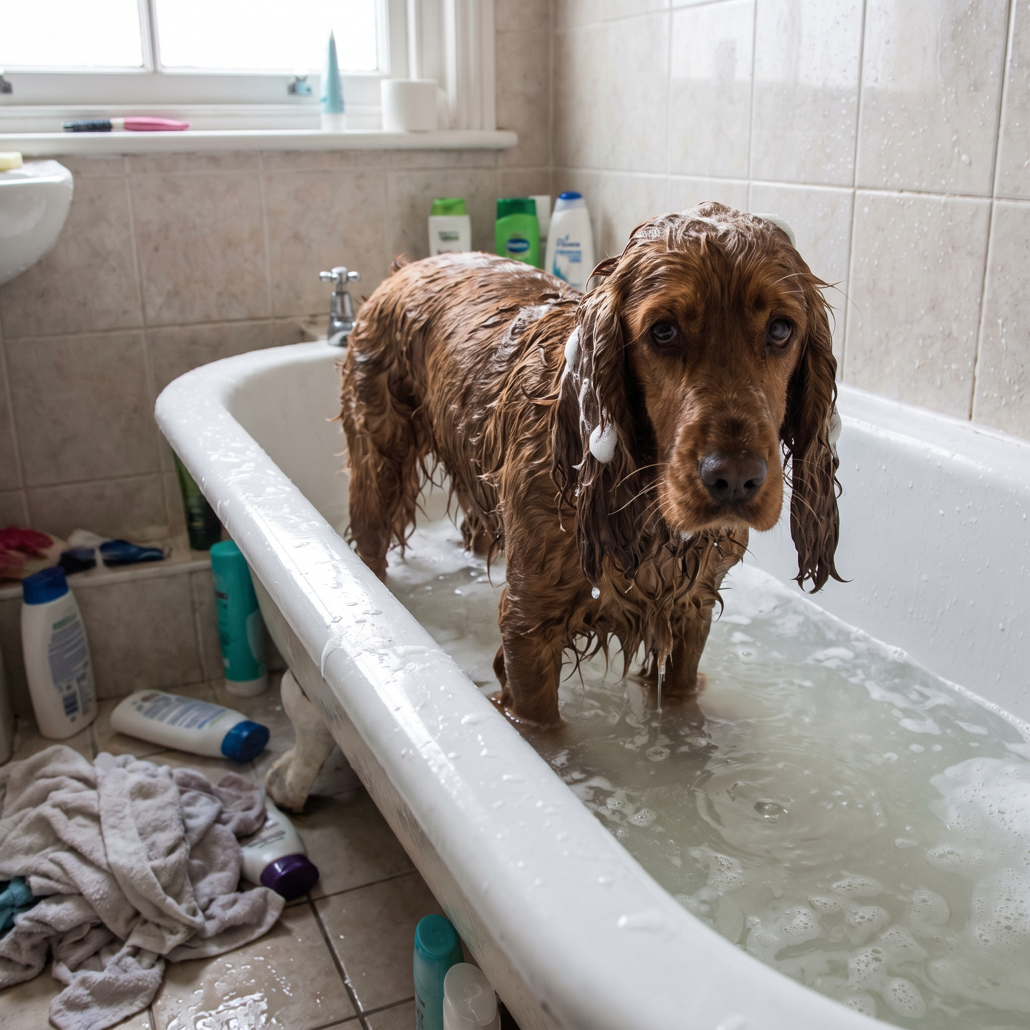 Soaked, unhappy Cocker Spaniel standing in a messy indoor bathtub with soap suds not rinsing out